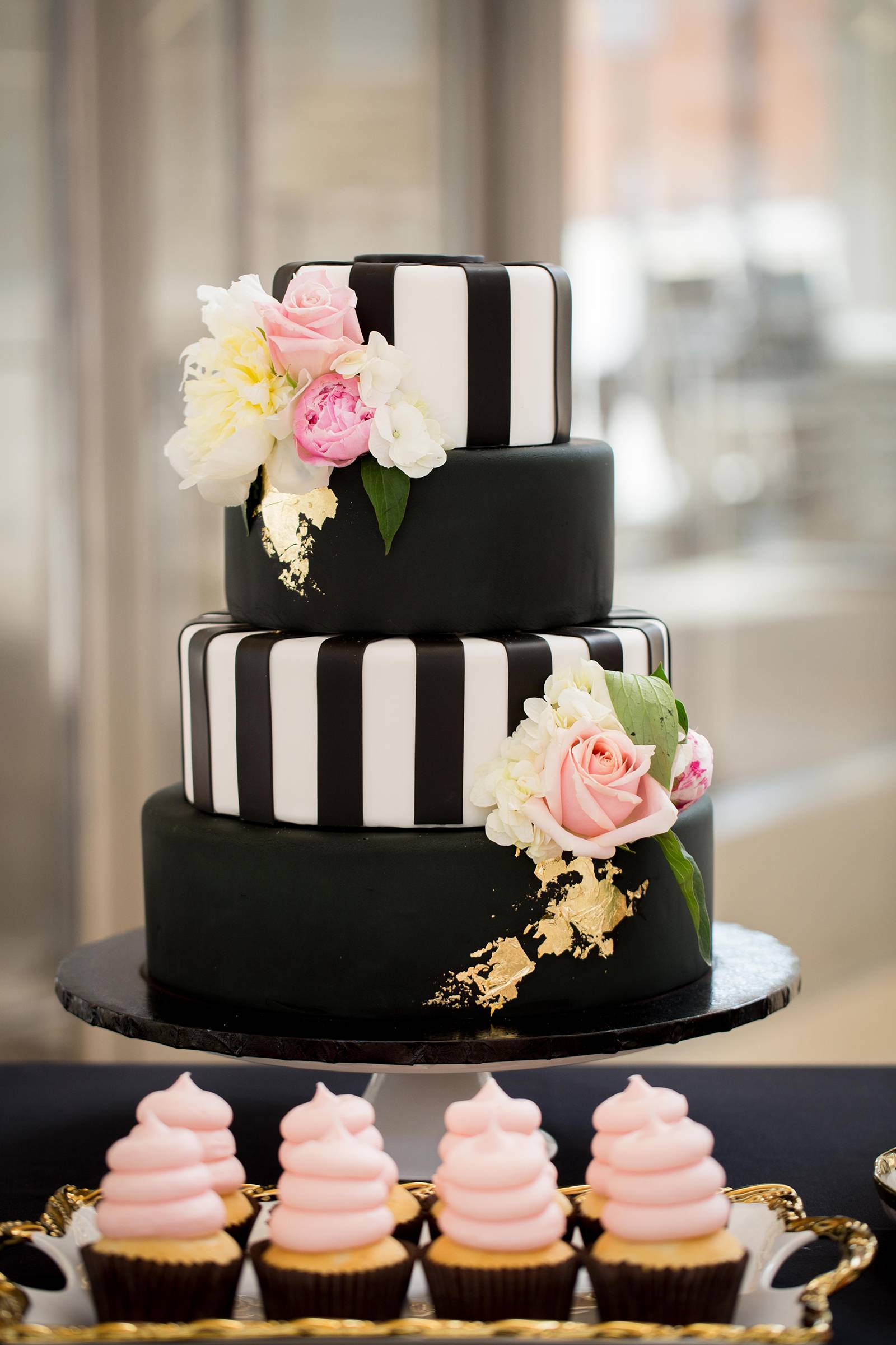 black white stripe cake, pink blush flowers, gold foil cake