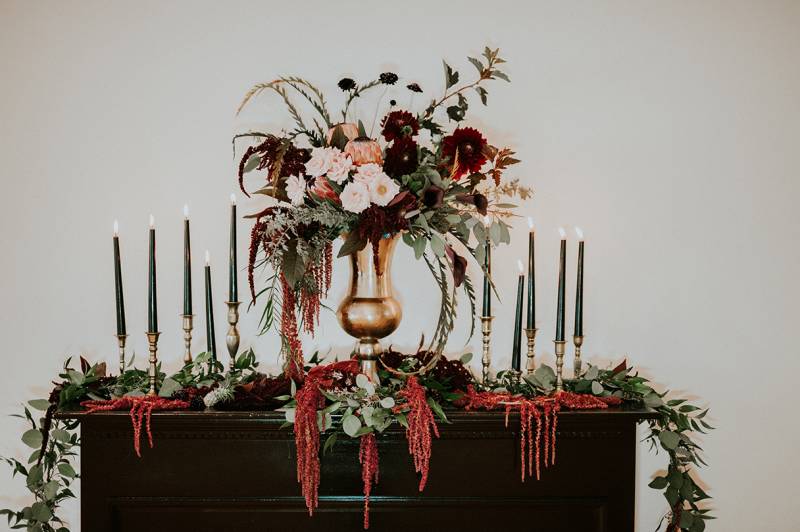 fireplace mantle decor, gold vases, marsala blush wedding flowers, floral, centerpieces, dripping fl