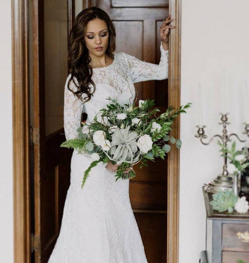 airplant, succulents, white wedding bouquet, white flowers