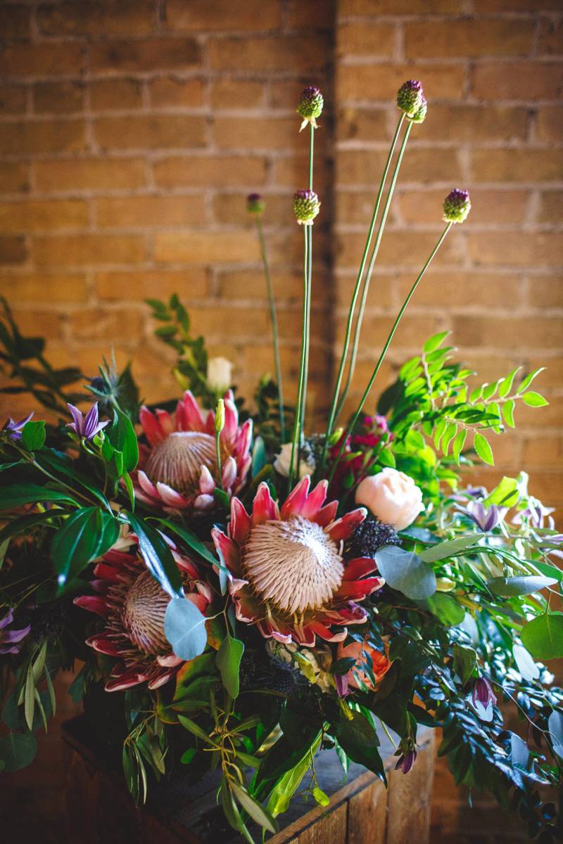 king protea, wild garden bouquet flowers, unique wedding flowers, floral, pink, burgundy flowers