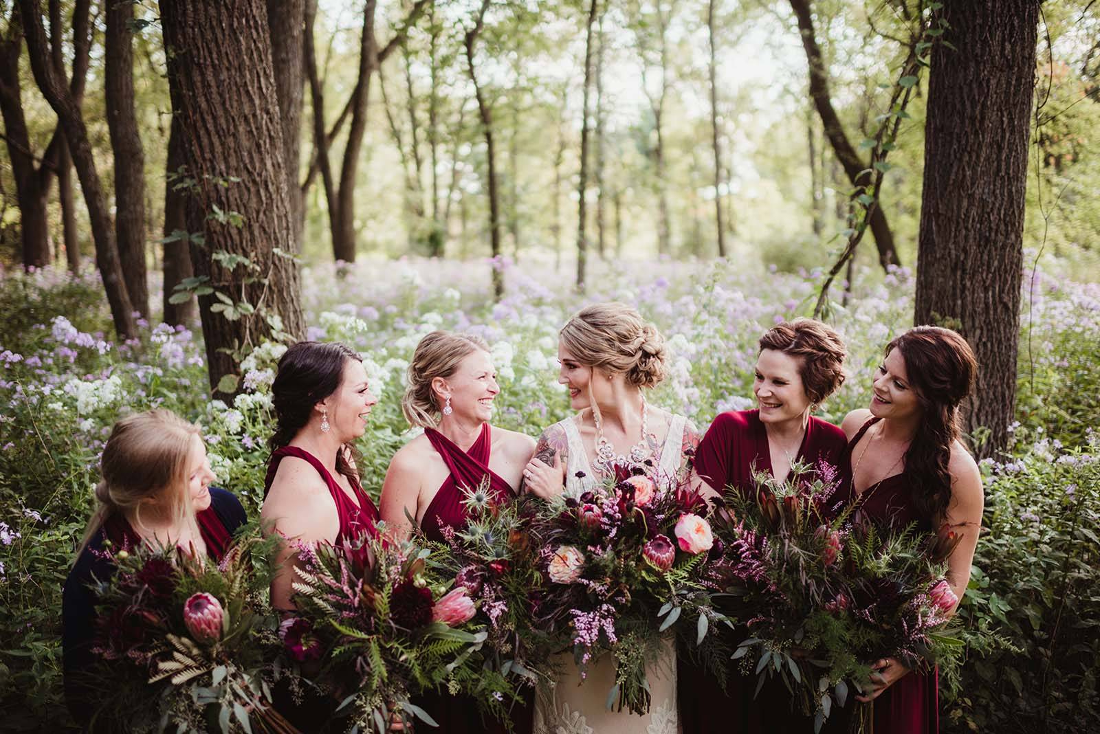 wedding floral, flowers, bridesmaids, bride, marsala burgundy wine bridesmaid dresses, bridal bouque