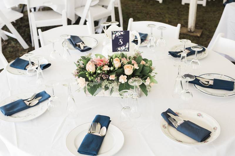 table settings, reception table ideas, navy blue peach reception table decor, centerpieces, table nu