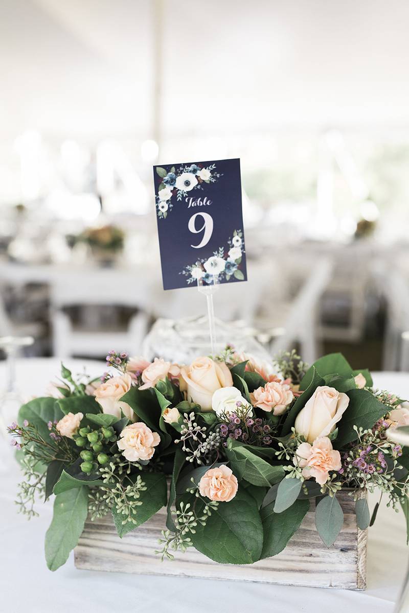 navy blue peach wedding centerpieces, floral, flowers, wooden centerpiece boxes