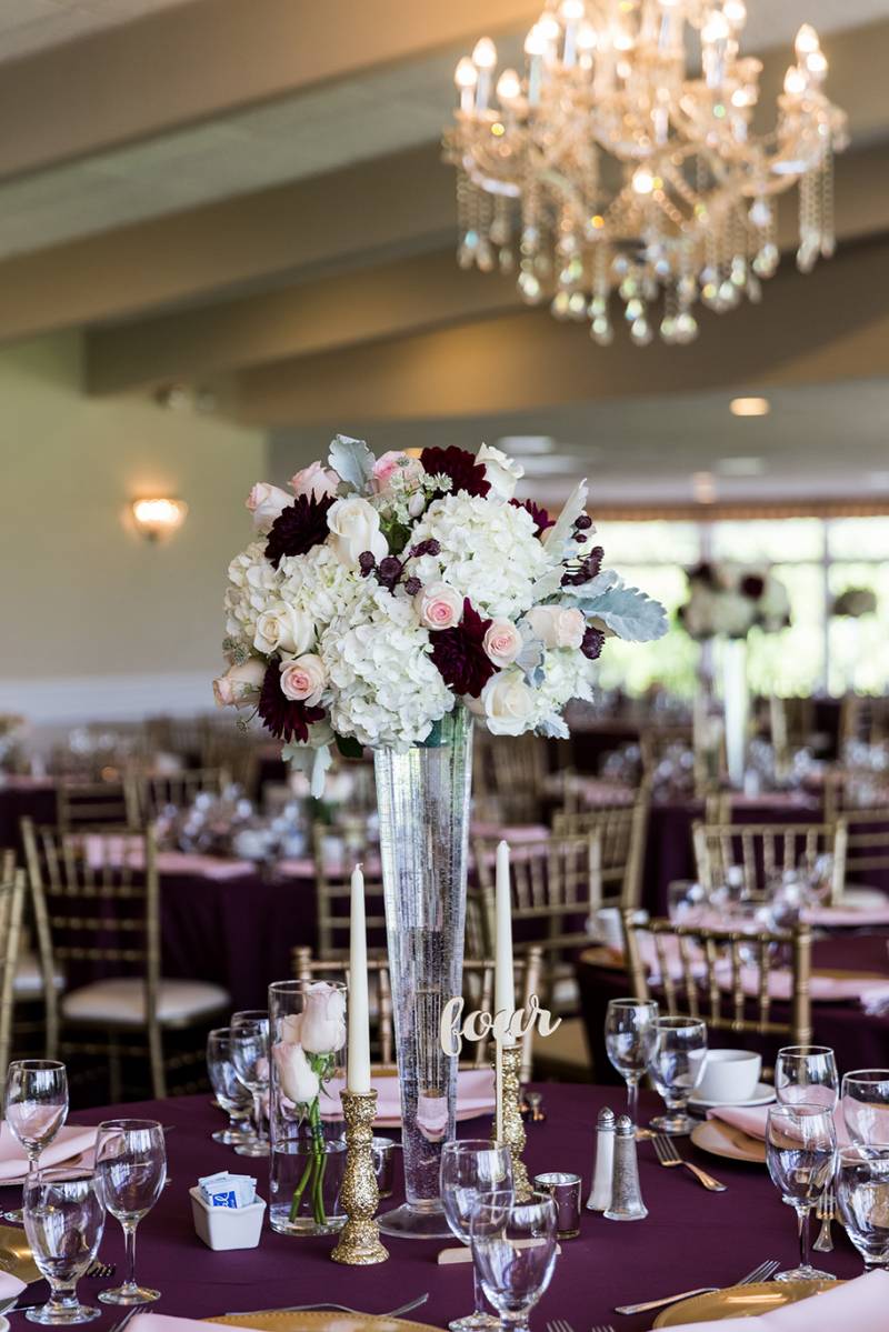 tall high centerpieces, pink marsala burgundy wine floral, reception decor table ideas