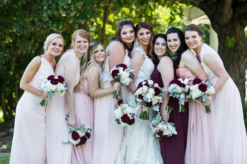 romantic classic wedding bridesmaid dresses, marsala burgundy wine bridesmaid dresses, bouquet, flow