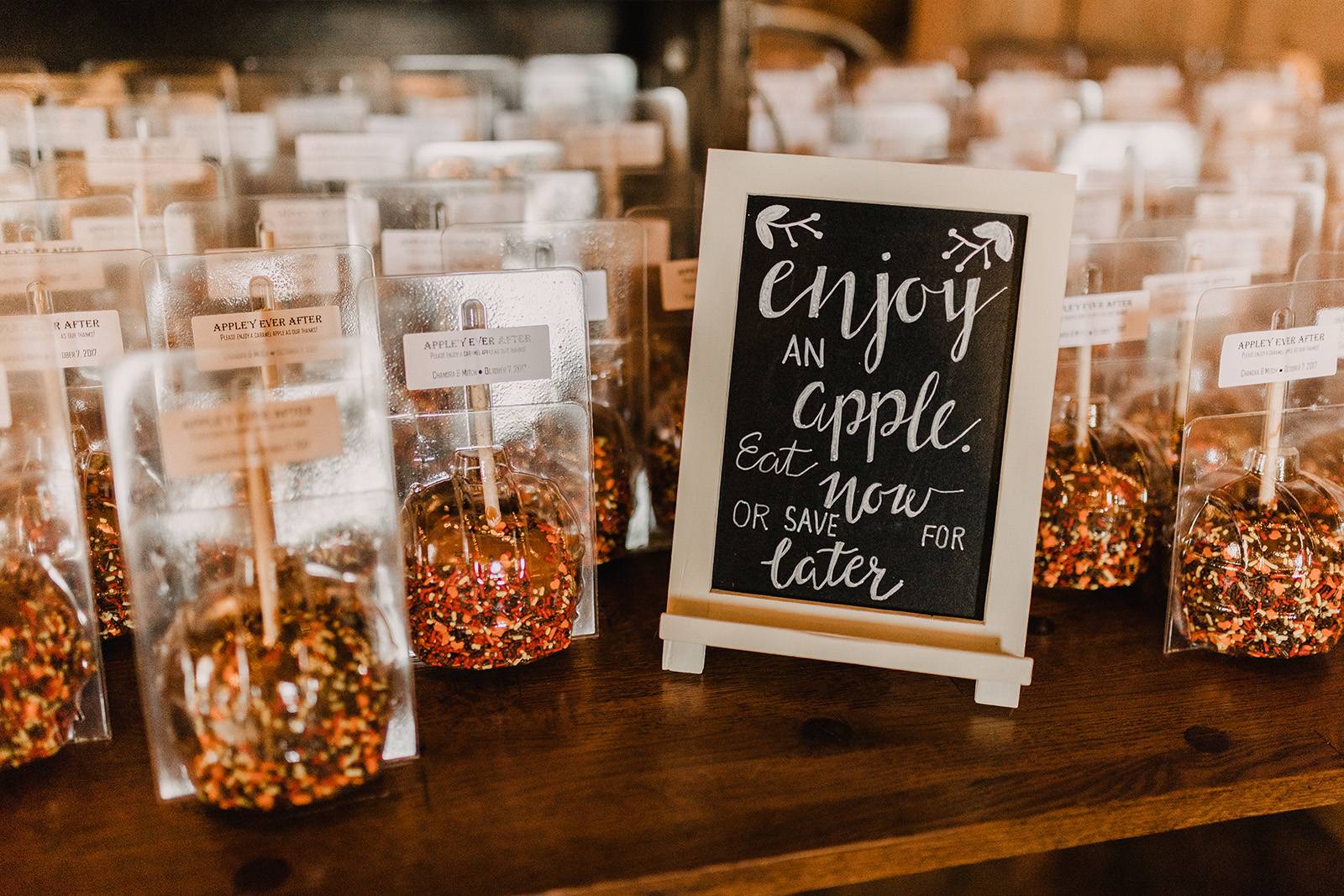 caramel apple station, dessert, sweets station bar table, fall wedding sweets desserts