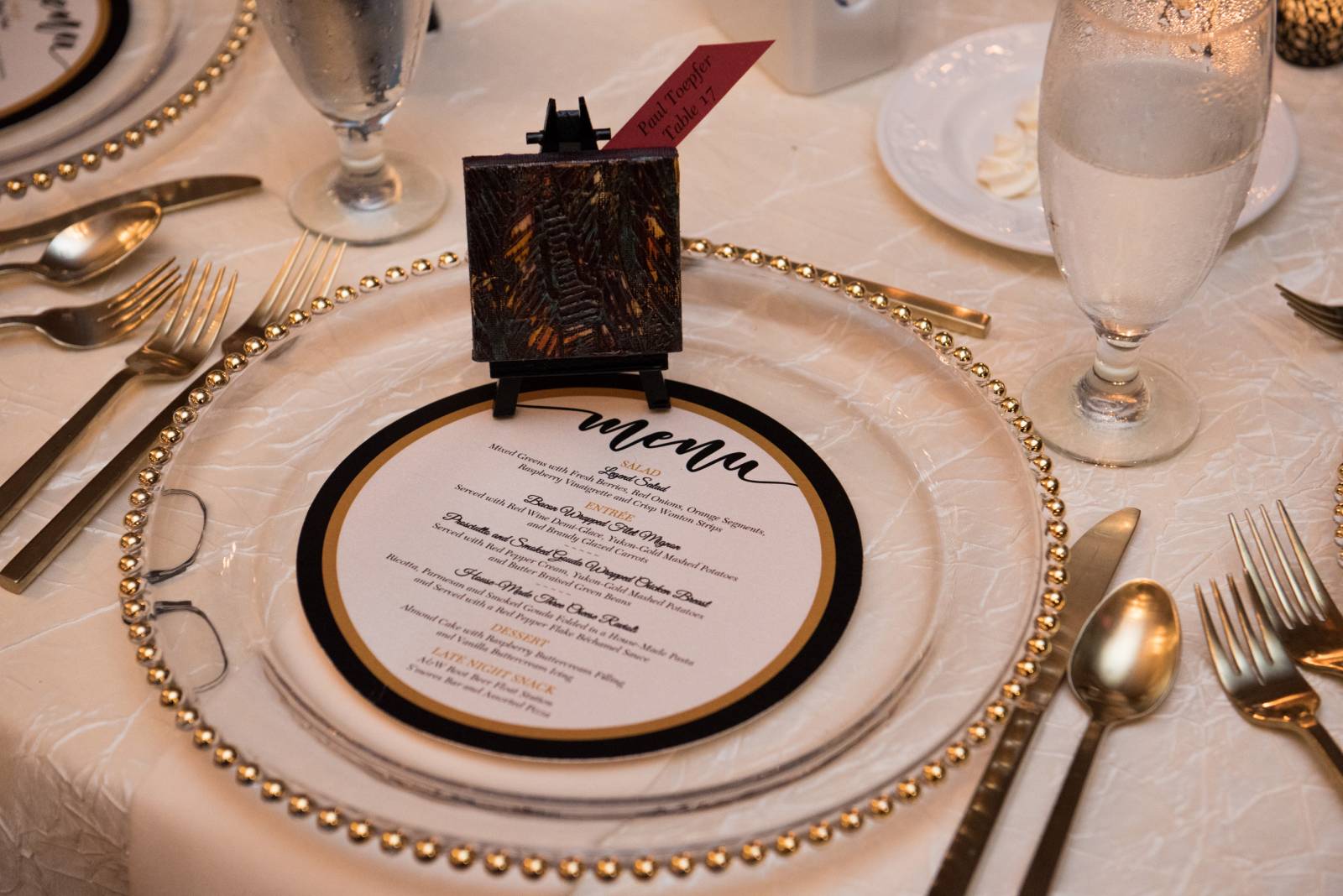 table setting, place card ideas, wedding menu, gold beaded chargers plates, white gold black wedding