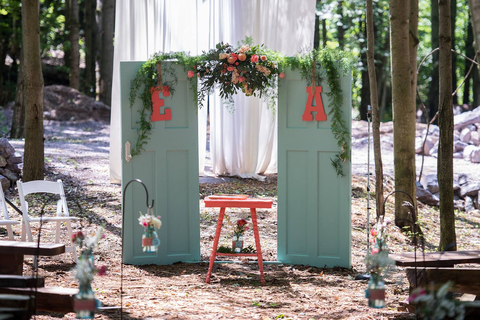 outdoor ceremony, woodland woods rustic wedding, ceremony arch, ceremony entrance ideas, ceremony fl
