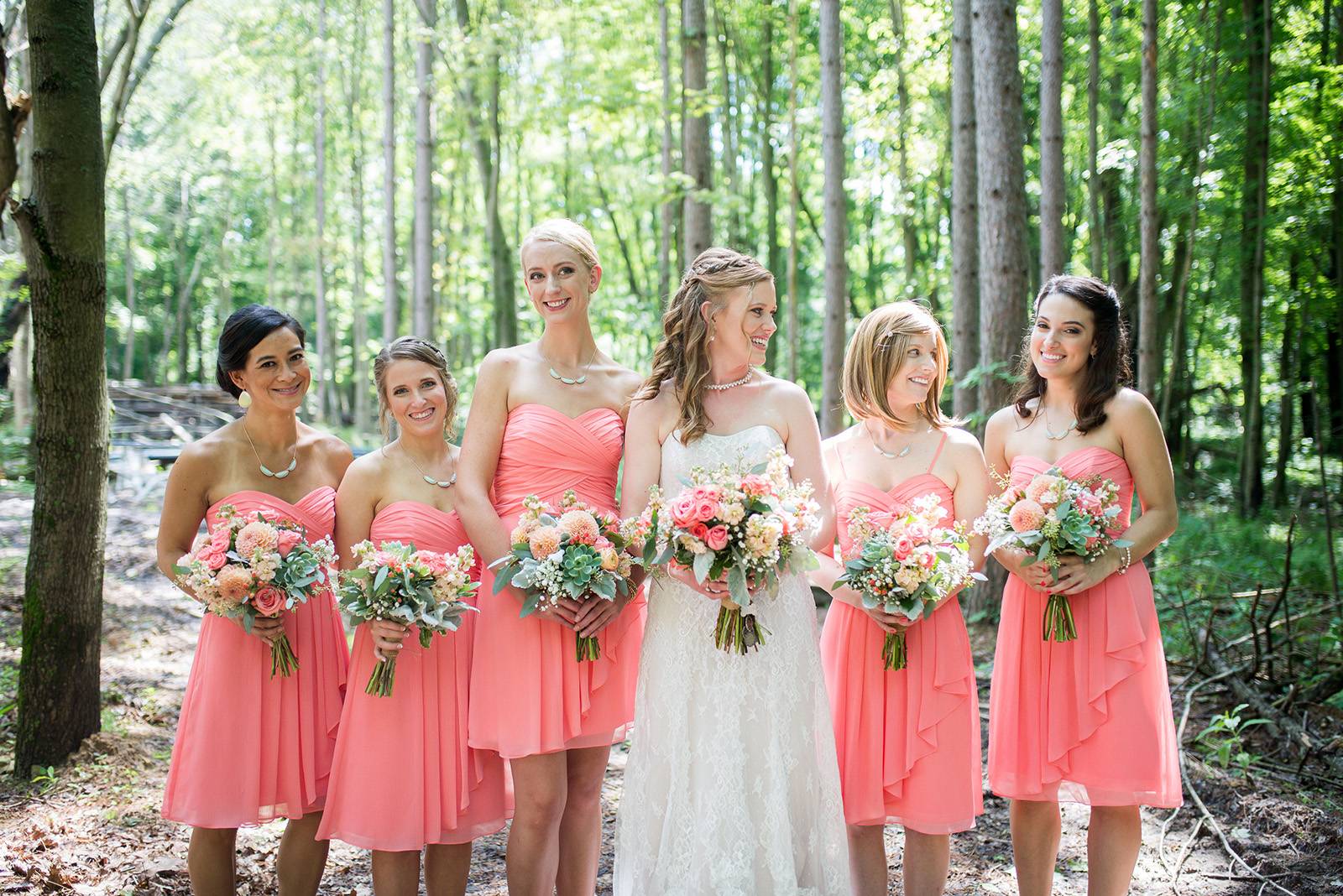 coral bridesmaid dresses, coral pink wedding flowers bouquet, wedding gown, wedding dress