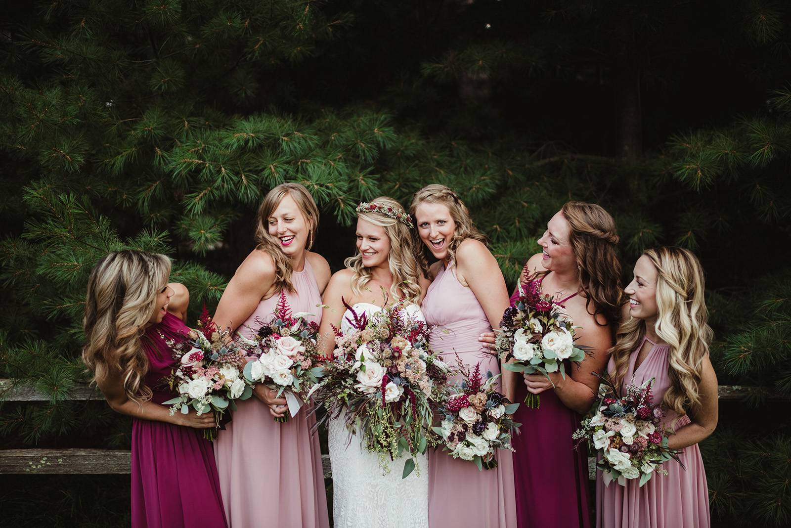 blush marsala burgundy bridesmaid dresses, whimsical romantic wedding bouquet, flowers