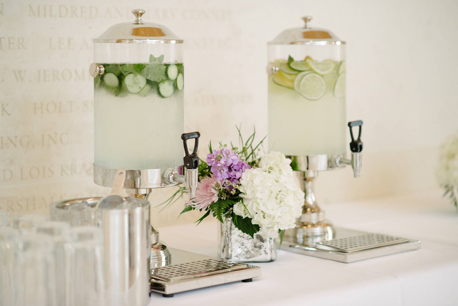 wedding beverage station, drink station, lemonade, limeade, infused water station