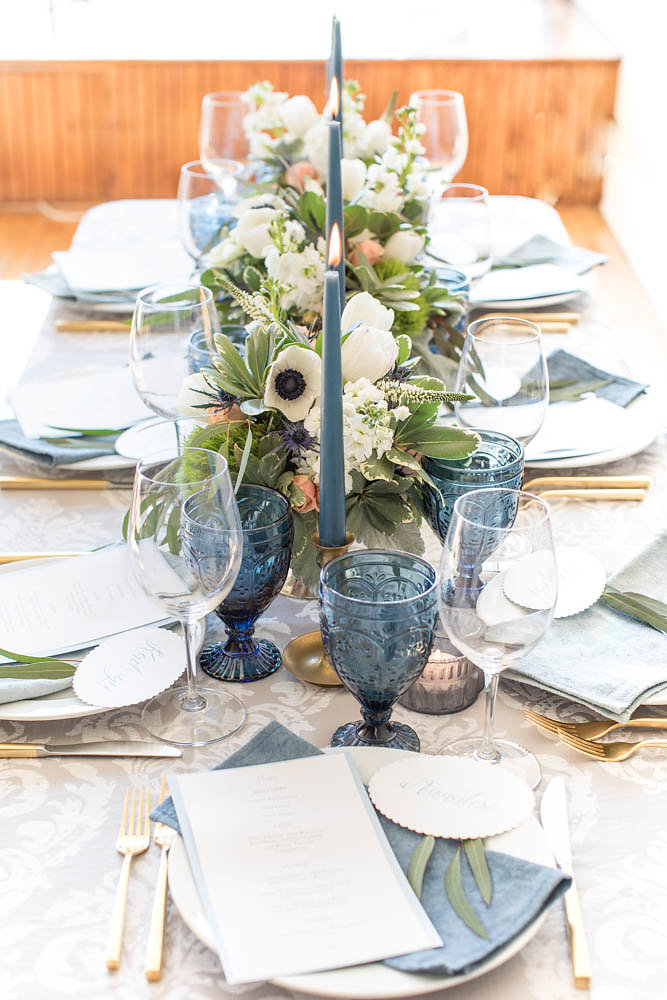 navy blue table setting tablescape
