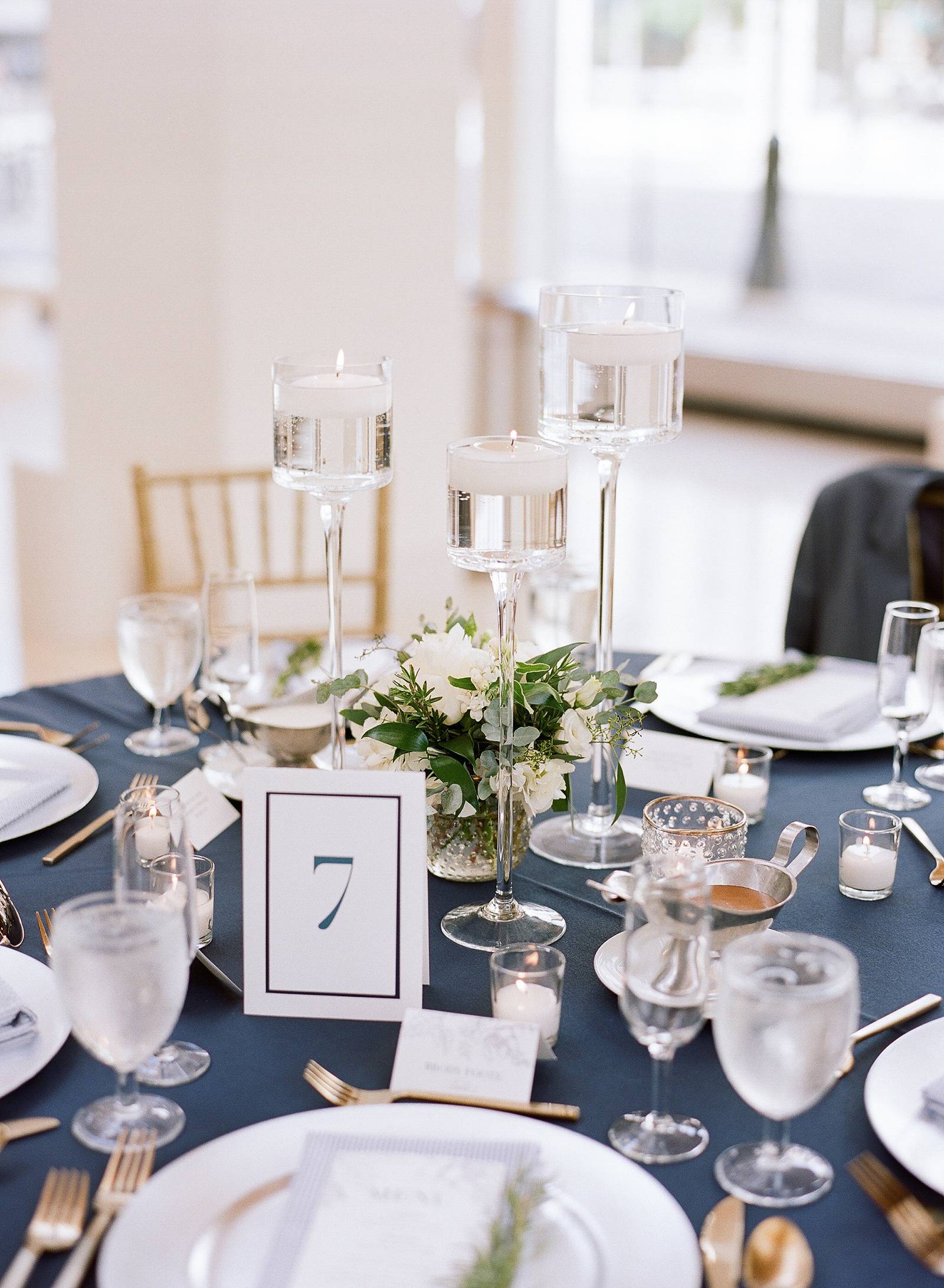centerpiece, high candle holder centerpieces, navy blue wedding table decor