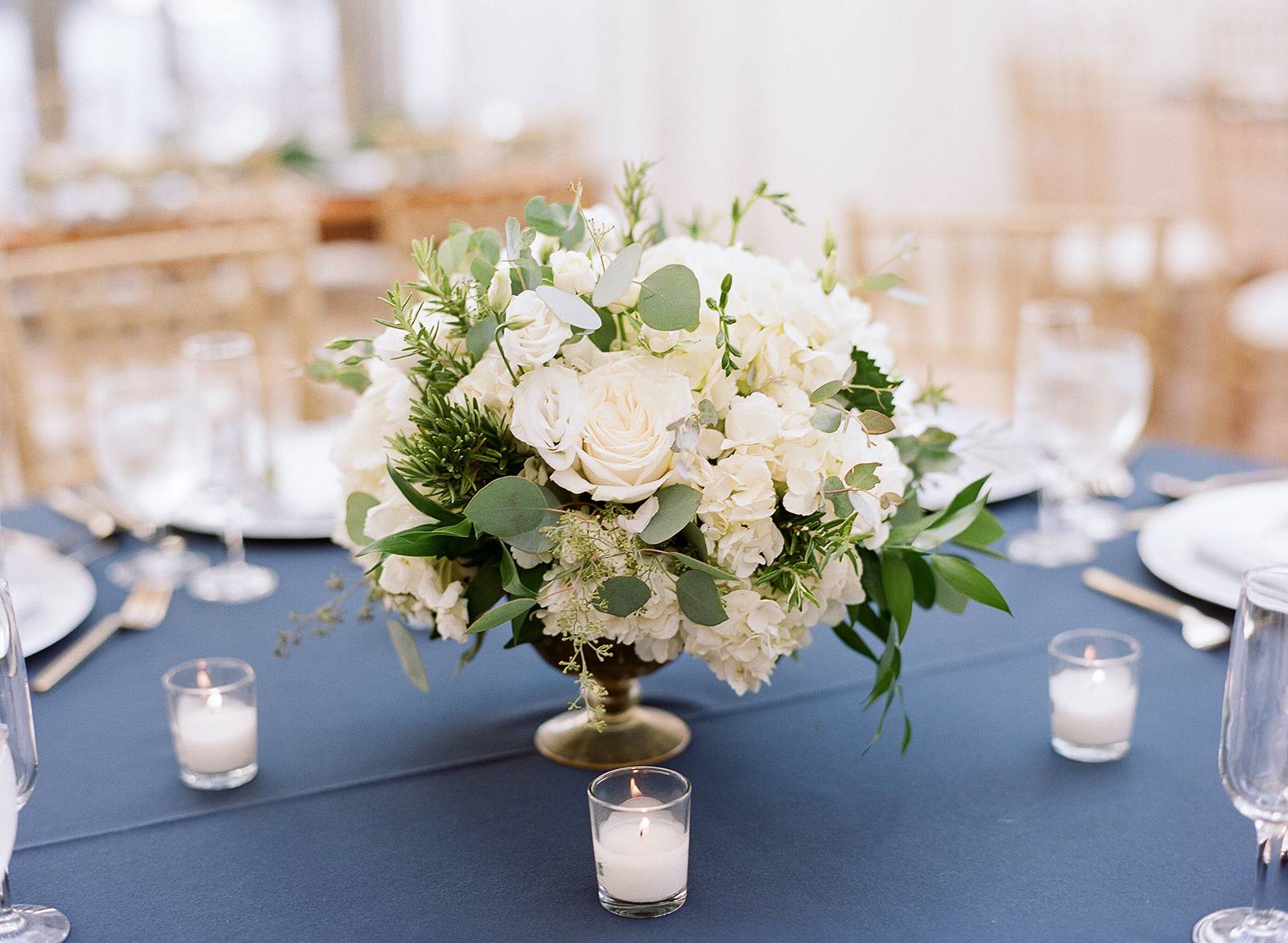 white floral centerpieces, navy blue wedding, madison florist