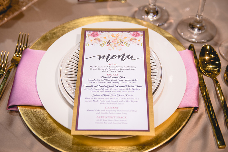table setting, gold wedding, wedding menu