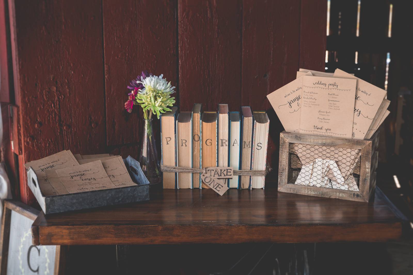 rustic barn wedding ceremony programs station