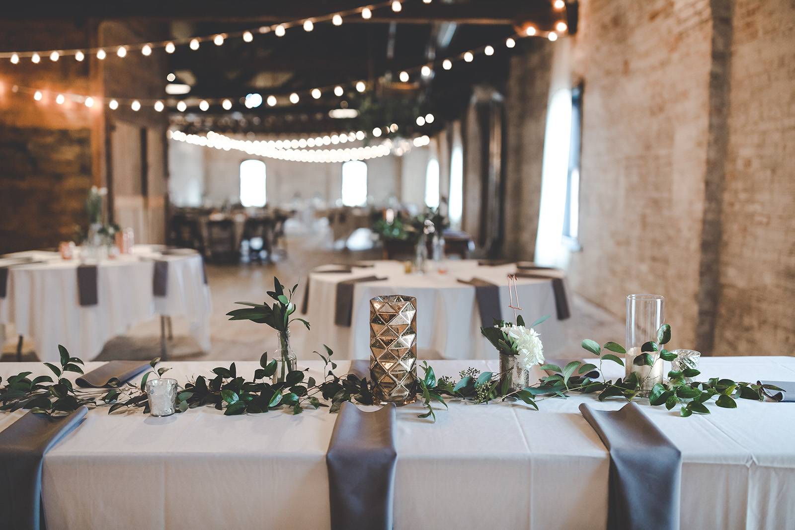 grey gray table settings, tablescape, warehouse wedding