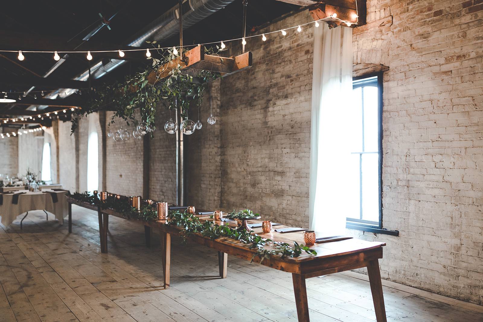industrial warehouse wedding head table, harvest wood table, copper wedding decor
