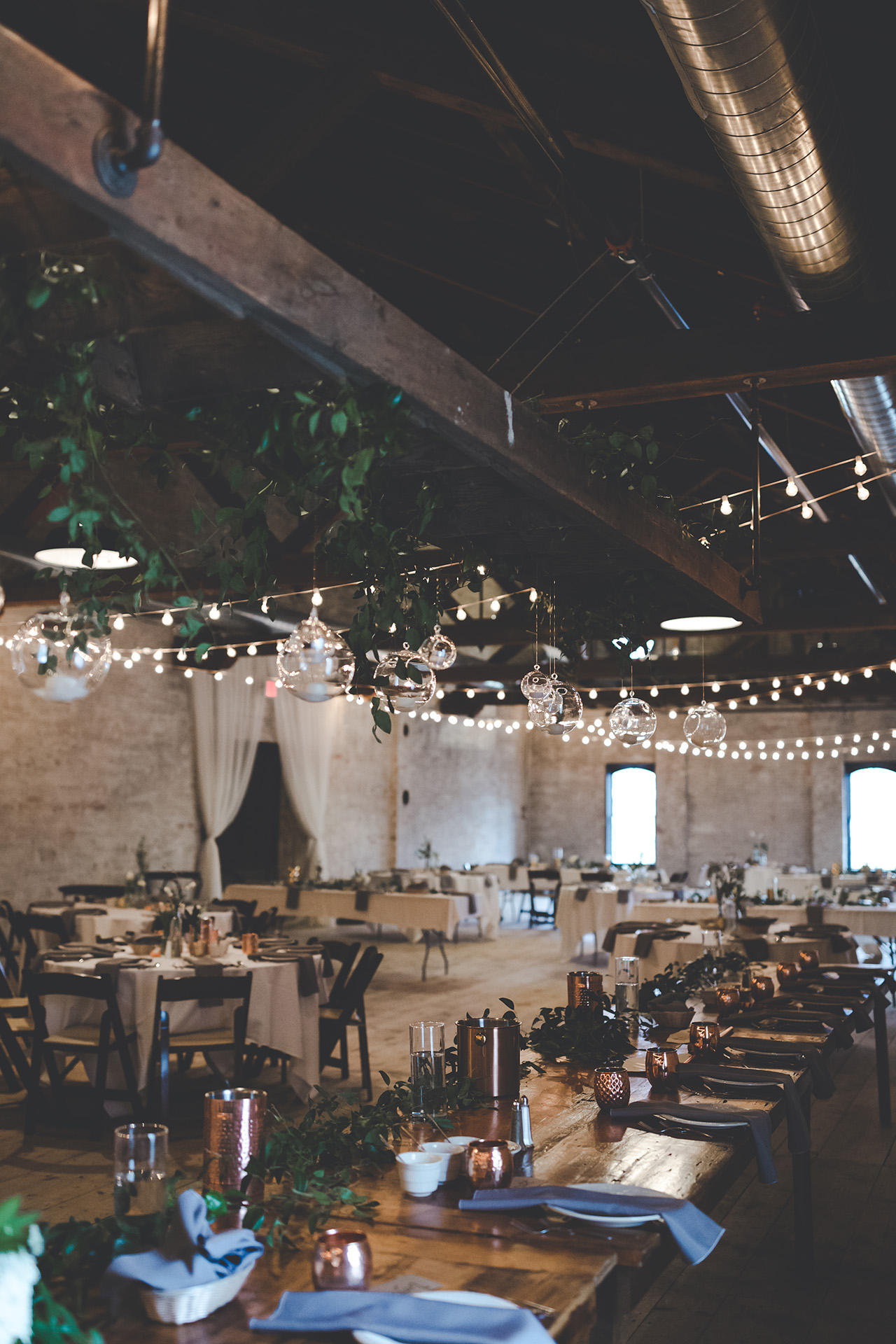 industrial warehouse wedding, cafe lights