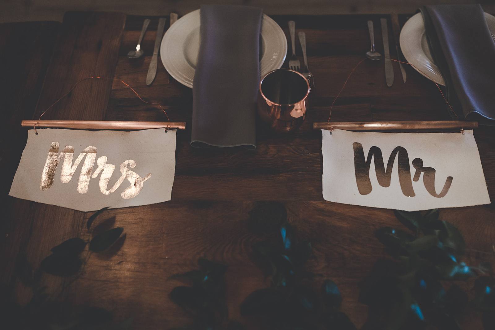 mr and mrs table setting decor signage, copper wedding grey gray wedding