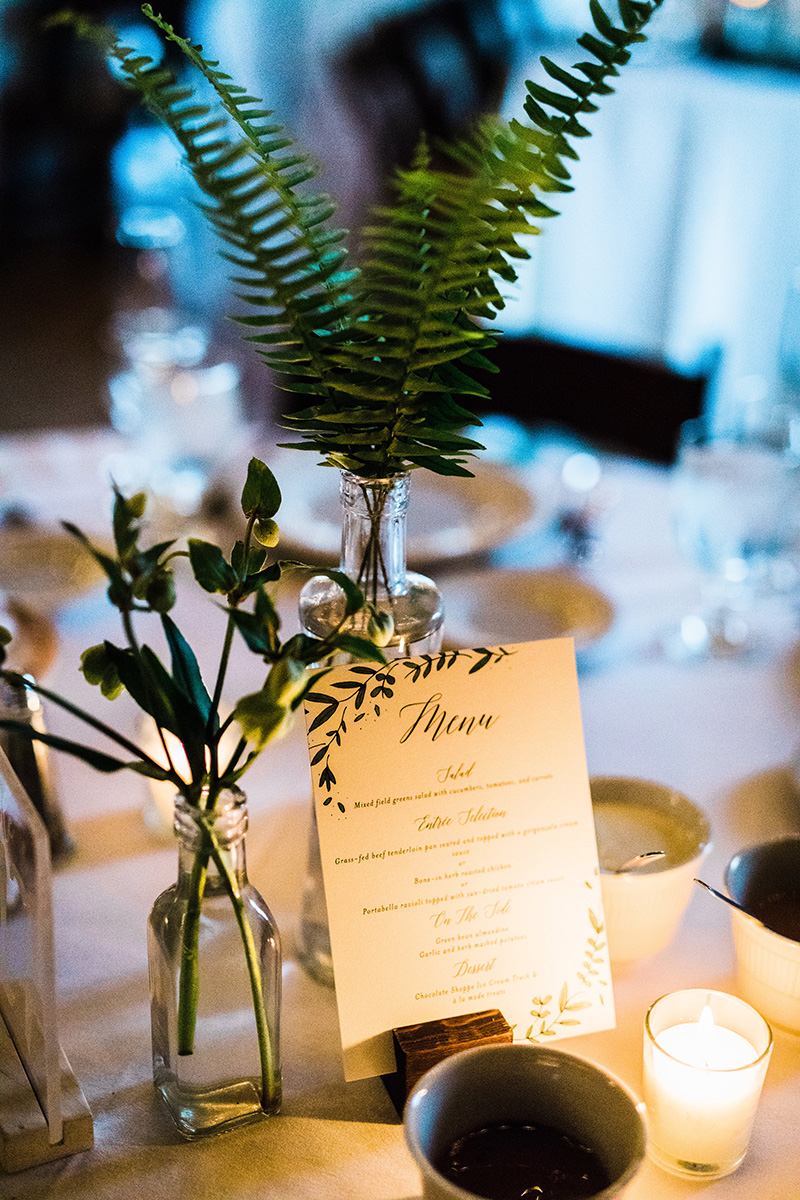 greenery centerpieces, wedding menu