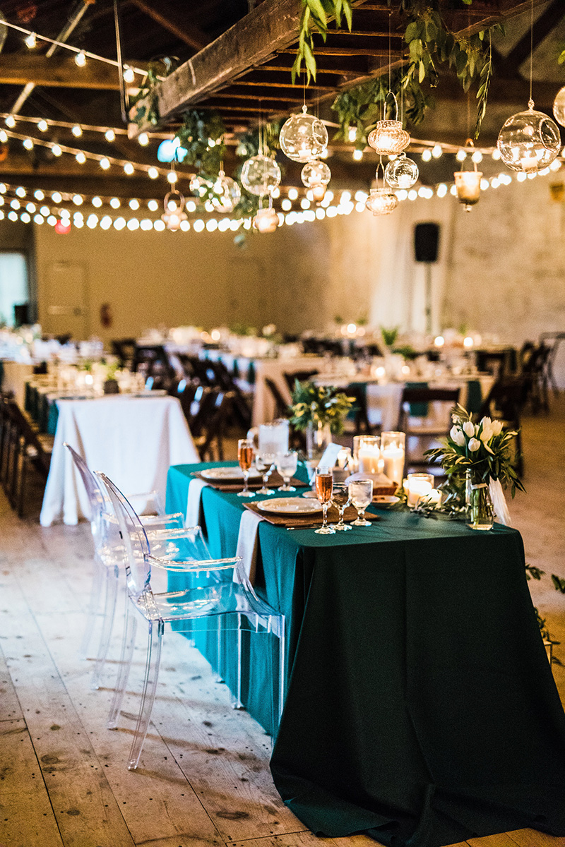 ghost chairs, sweetheart table, industrial waehouse wedding table decor