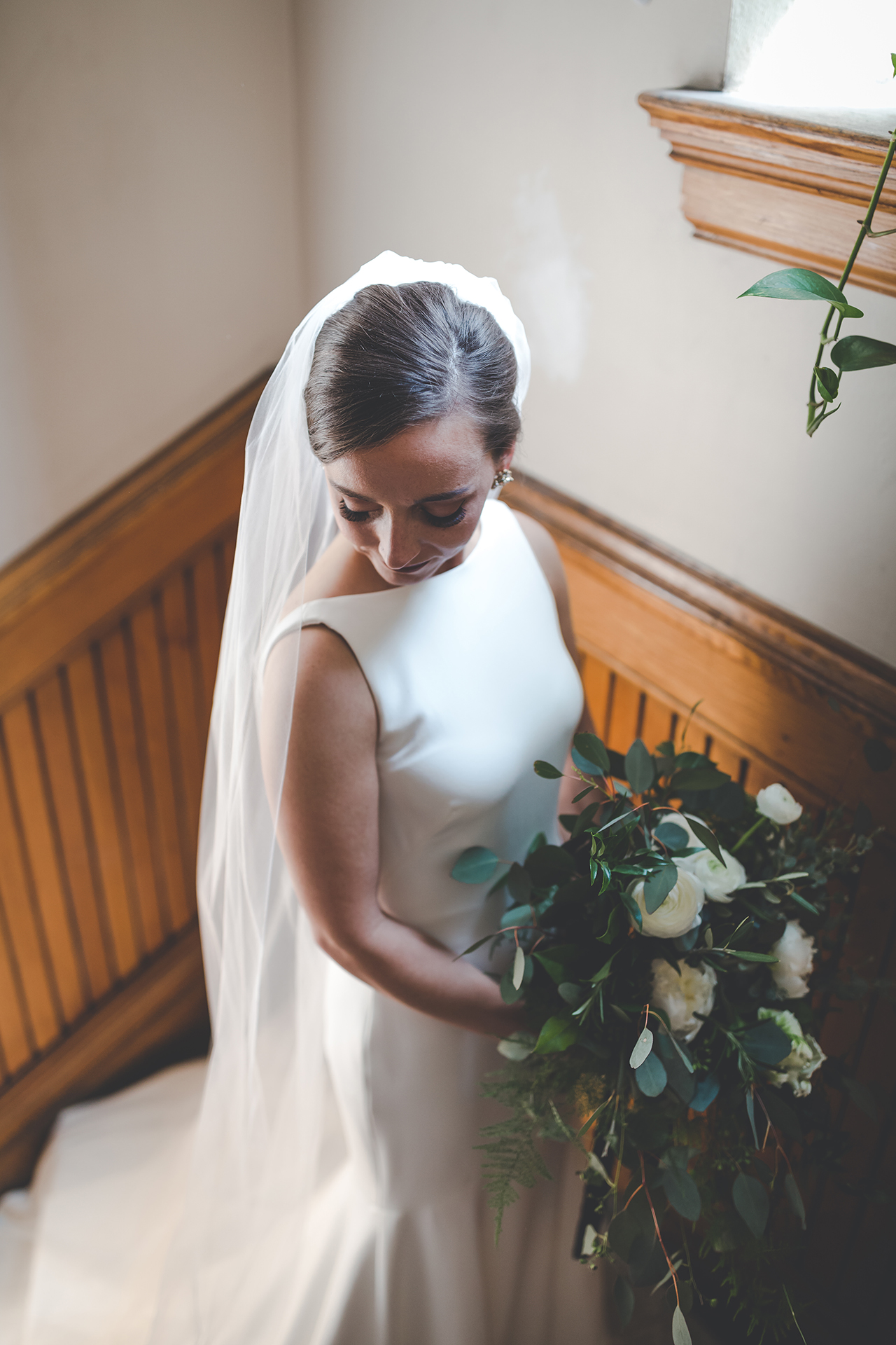 wedding gown, veil, bouquet