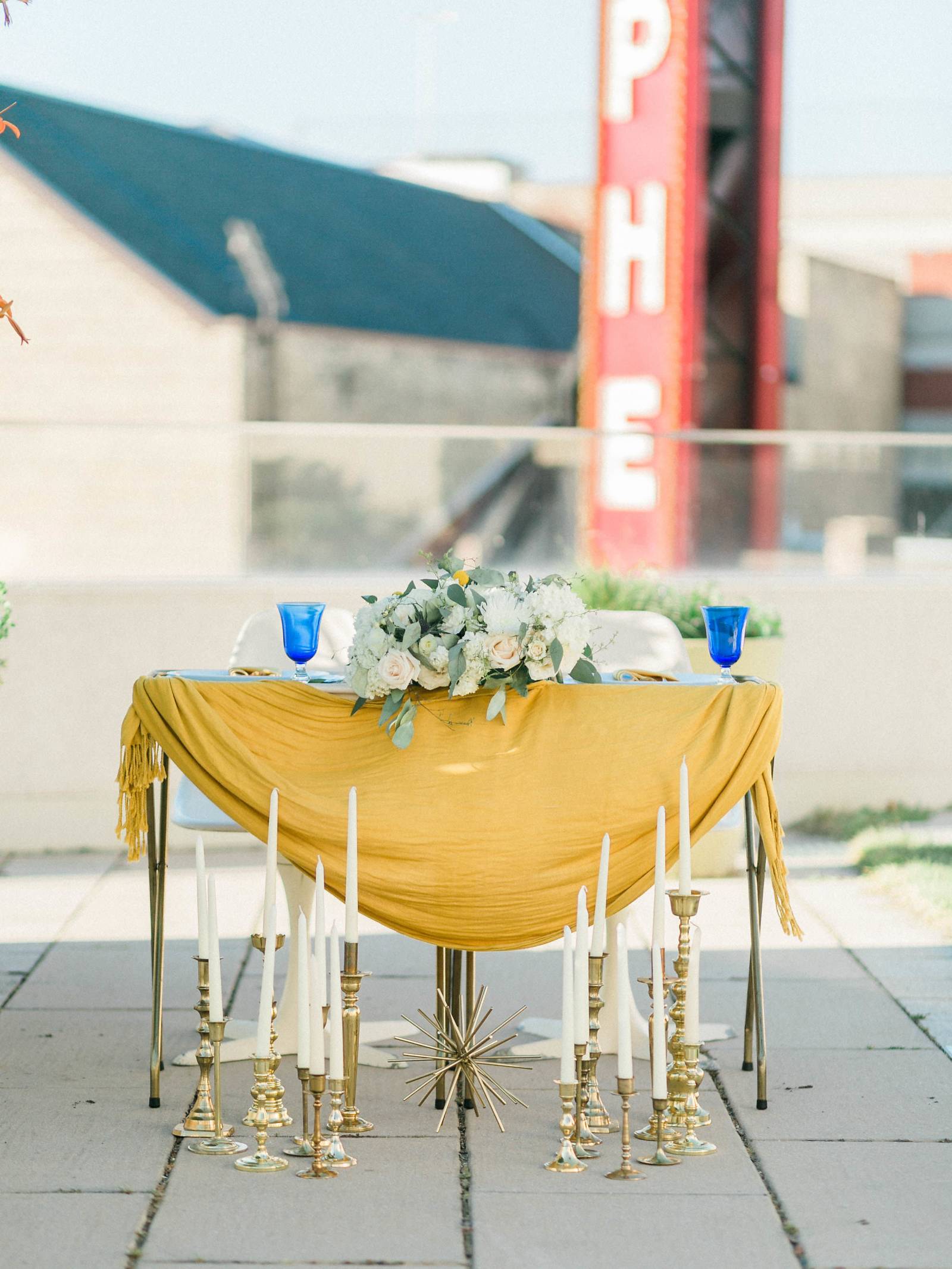 sweetheart tablescape design, yellow mustard wedding reception decor