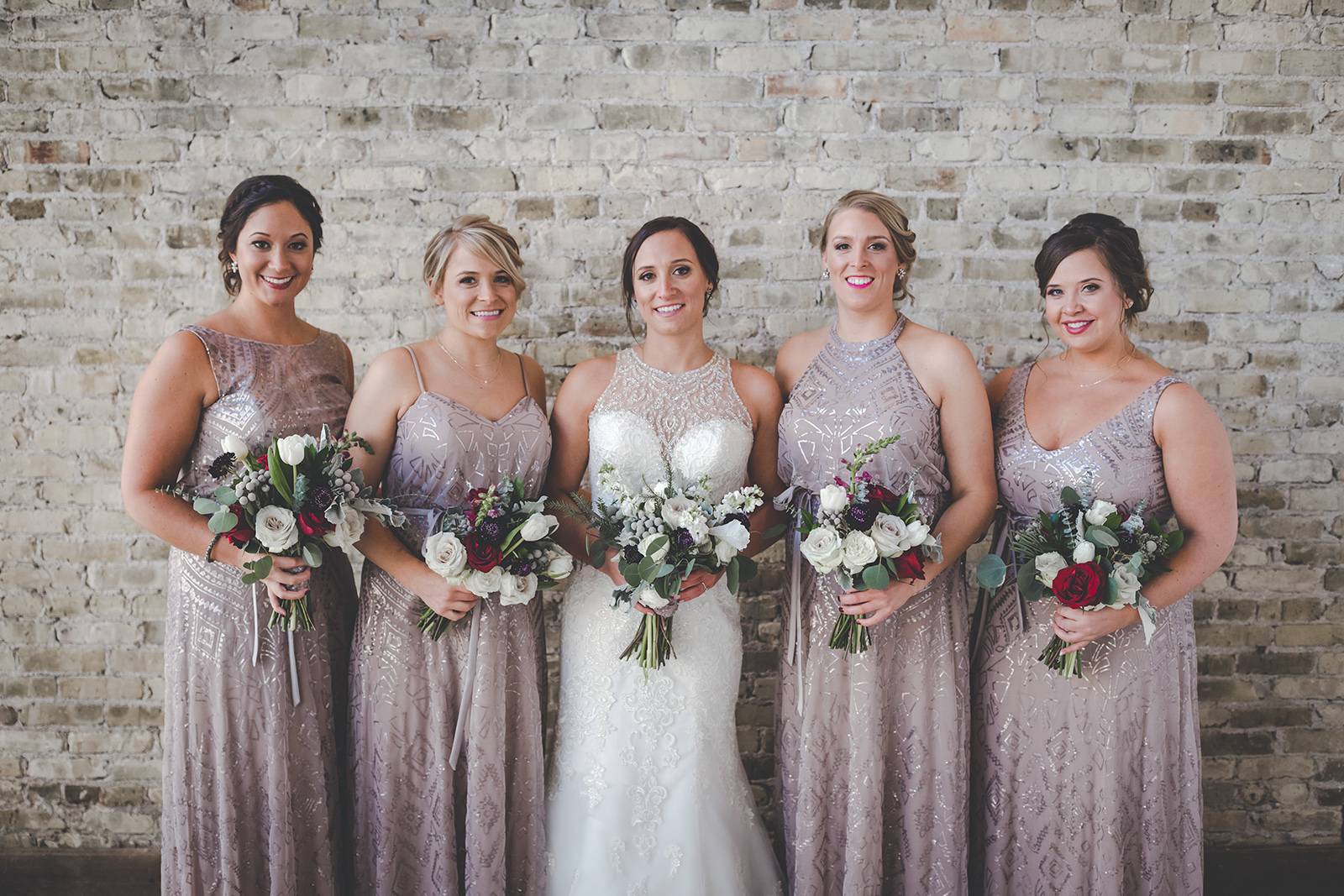 winter wedding, mauve sequin metallic bridesmaid dresses