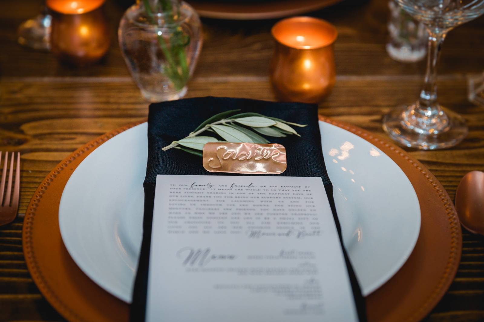 copper place cards table setting