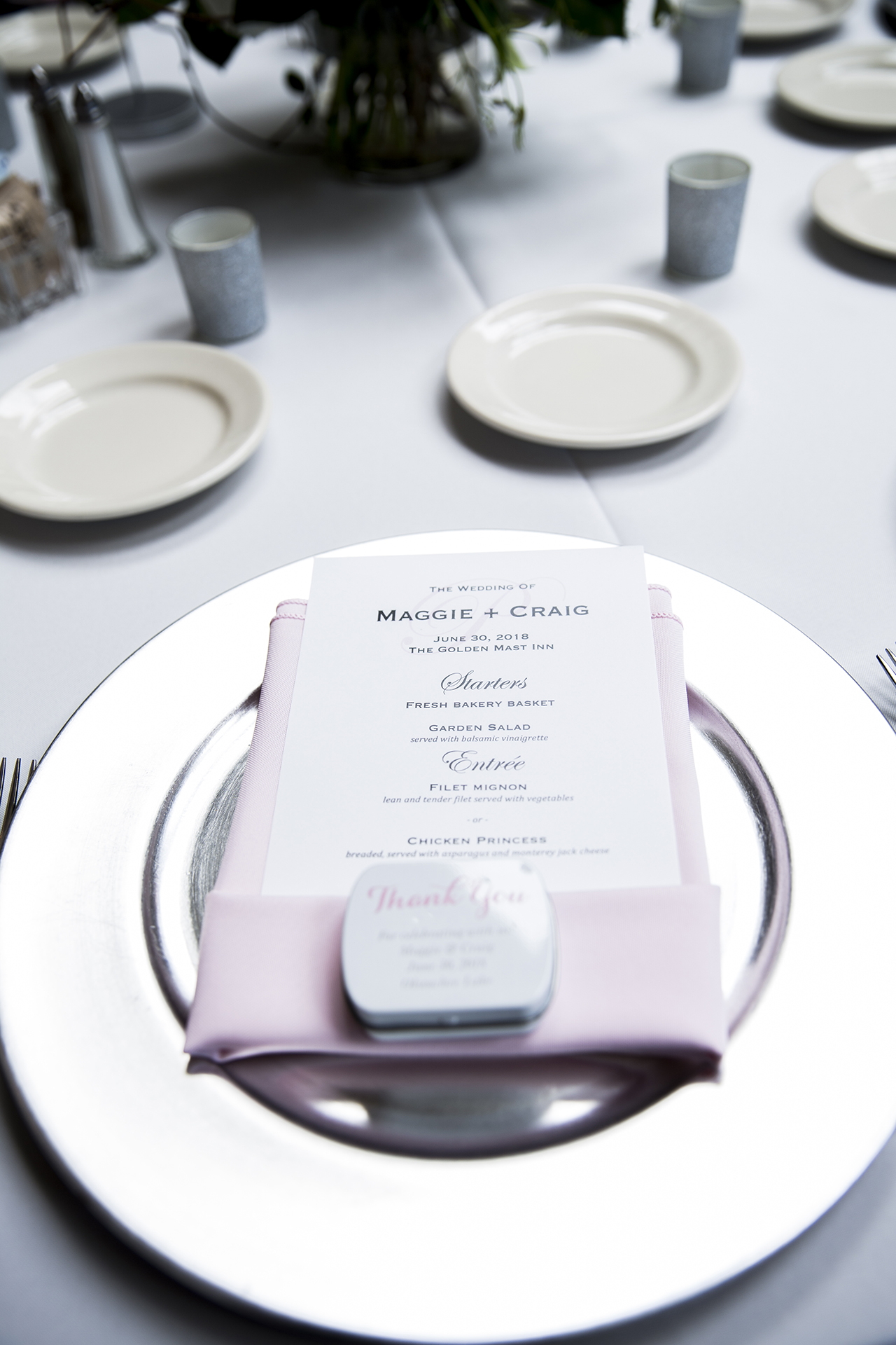 silver charger blush wedding table setting menu