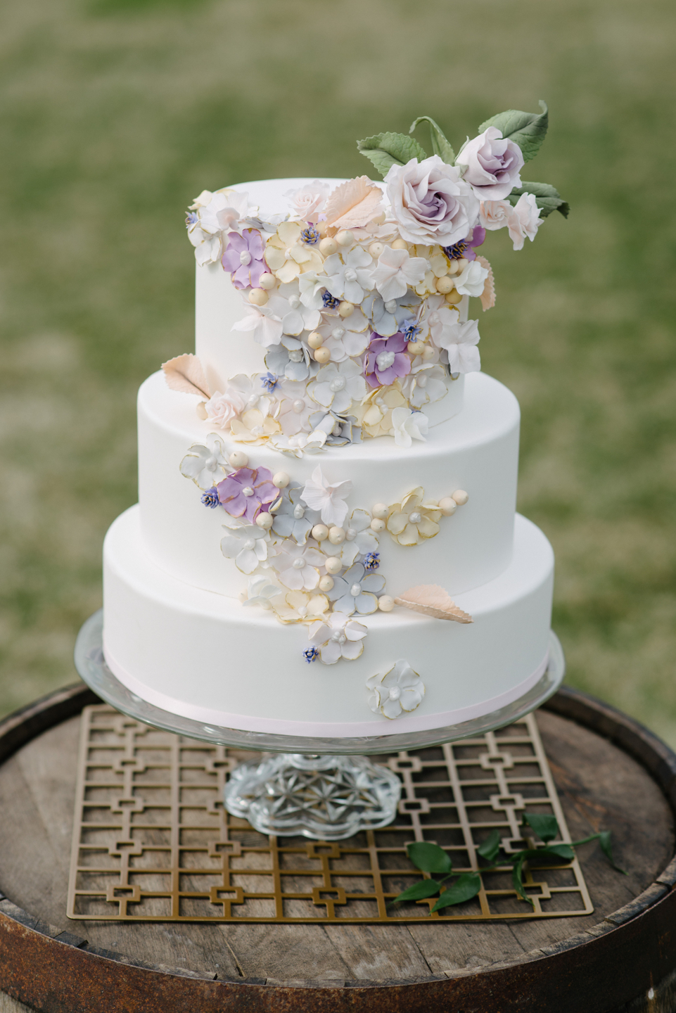 white lavender blue wedding cake