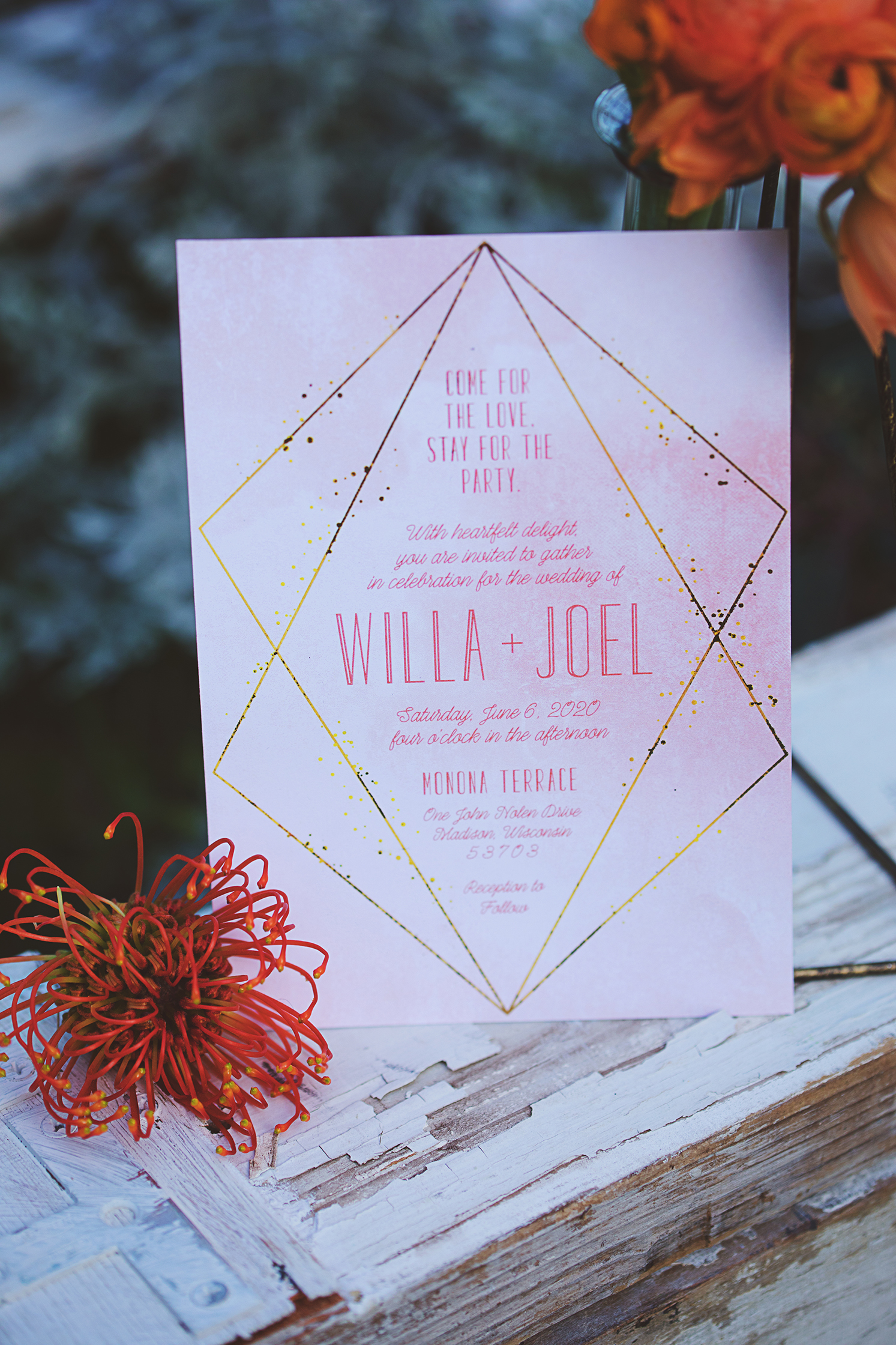 rose gold copper geometric wedding invitations