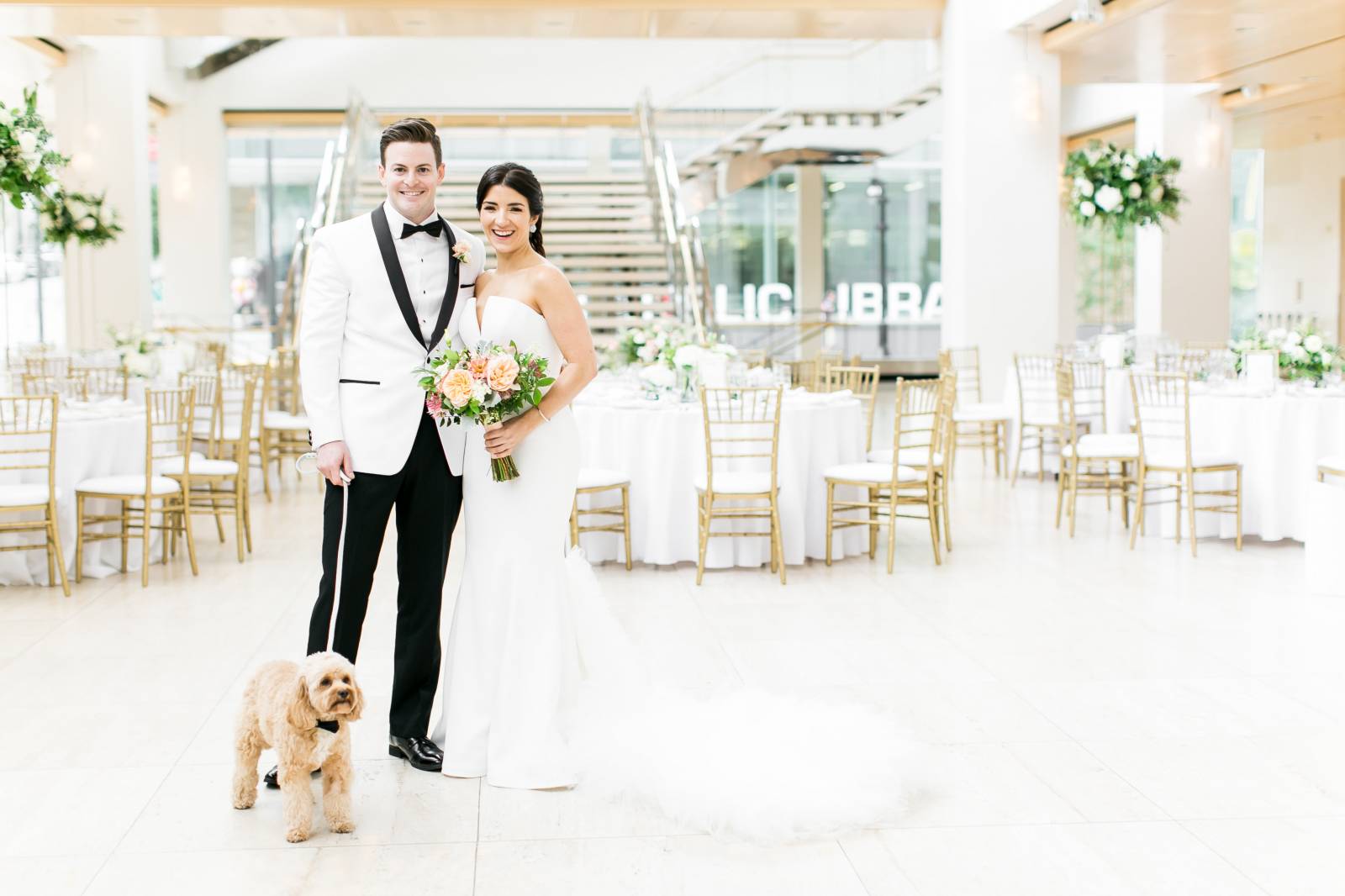 elegant modern gold wedding, dog at wedding