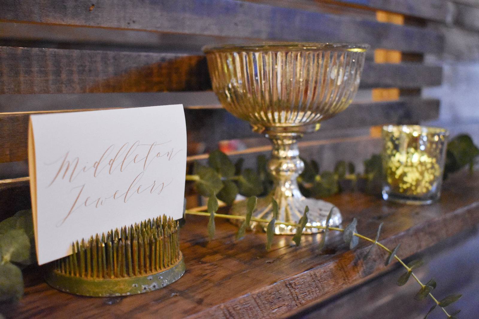 place cards, escort cards, greenery floral decor, mercury glass vases