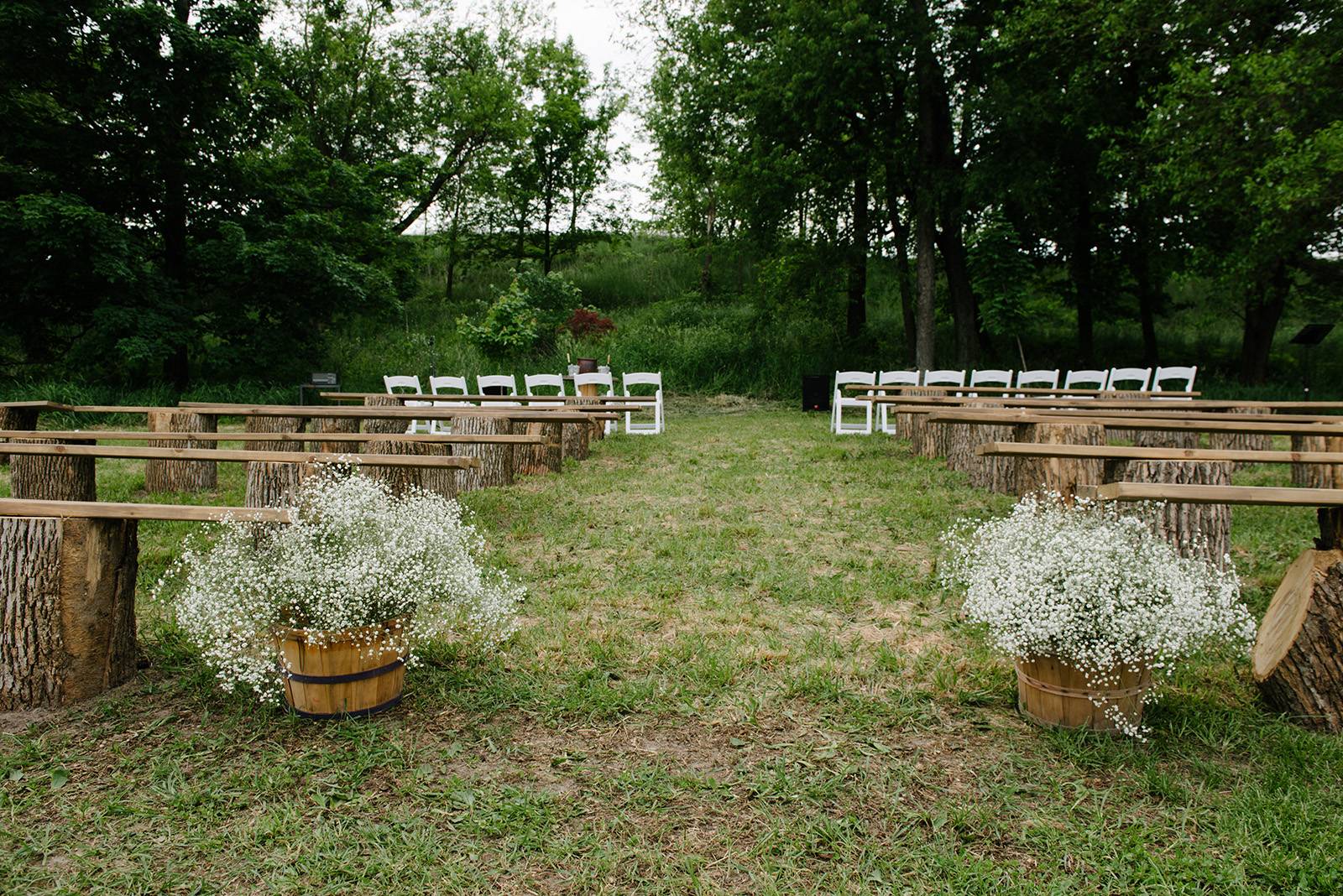 outdoor farm wedding, babys breath ceremony floral