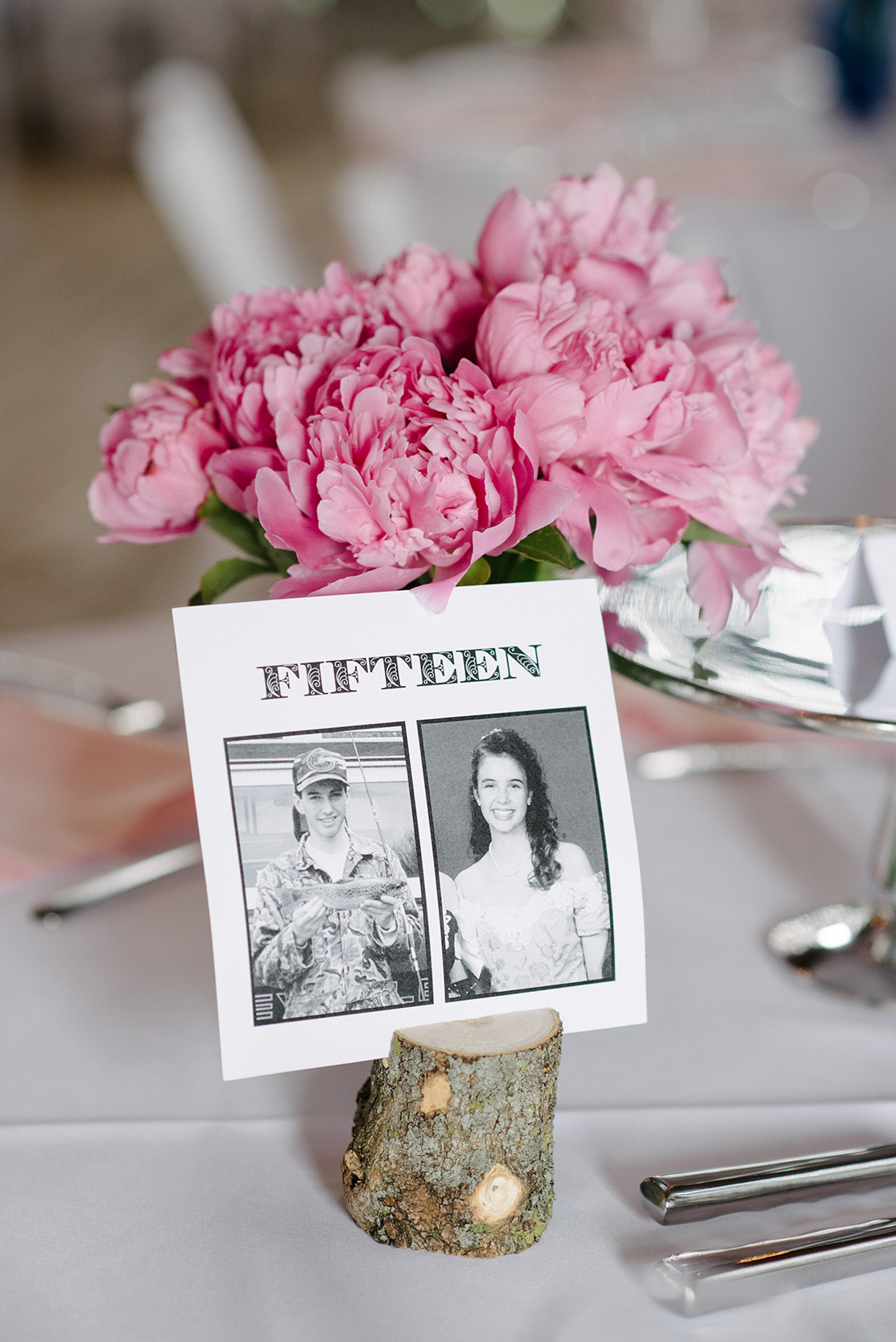 peony centerpieces, wood table numbers