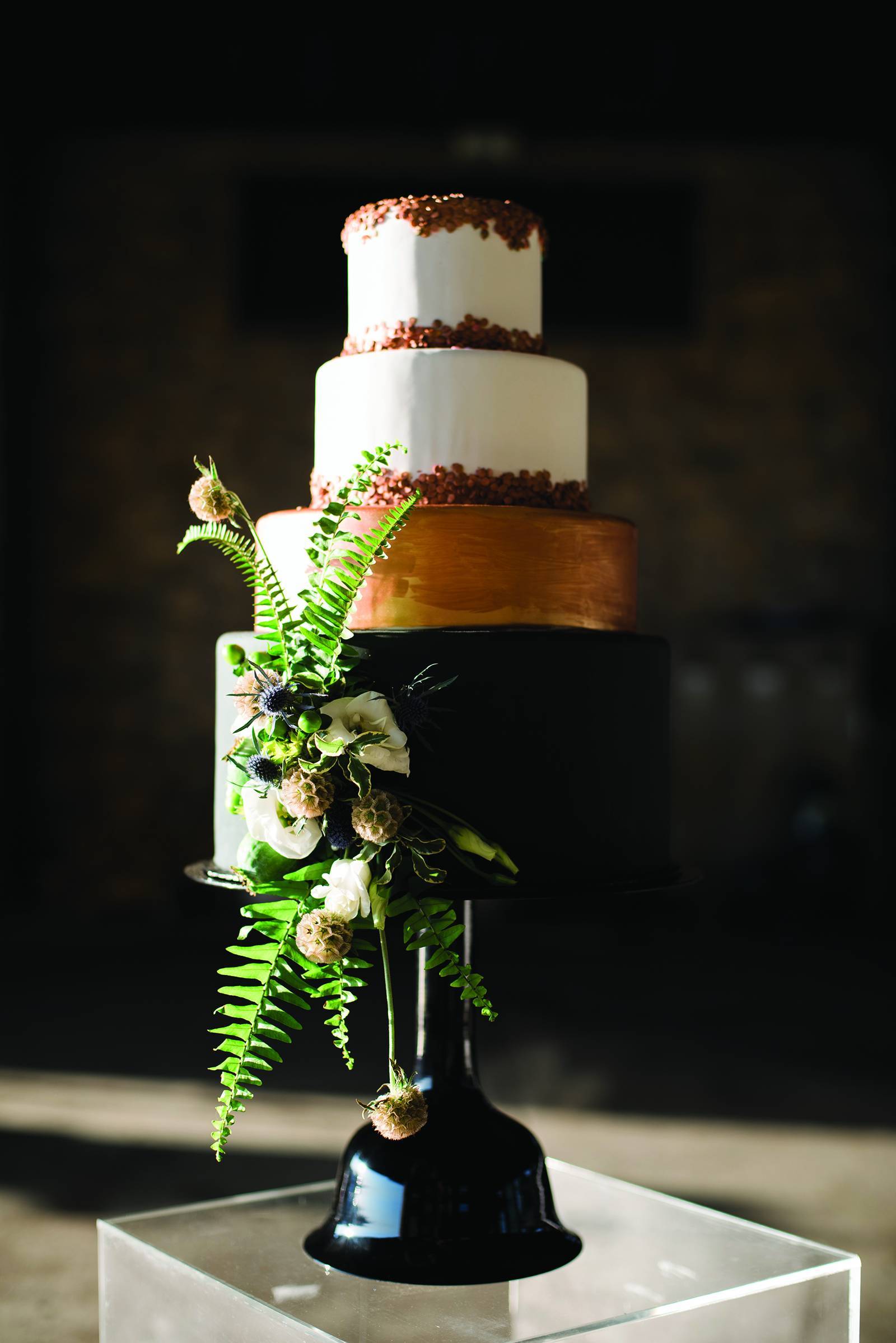 modern black gold copper wedding cake bakery flowers