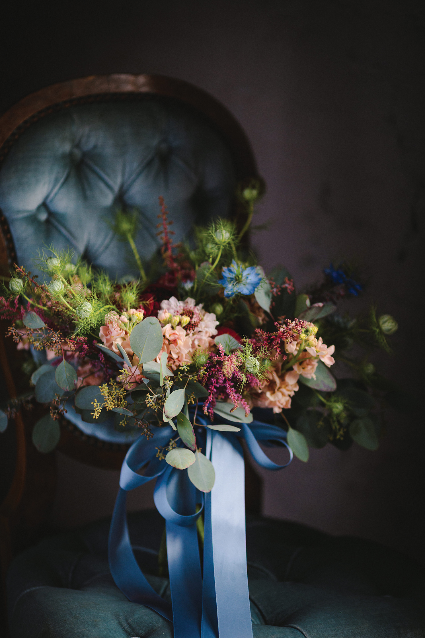 organic garden blush blue foliage wedding bouquet