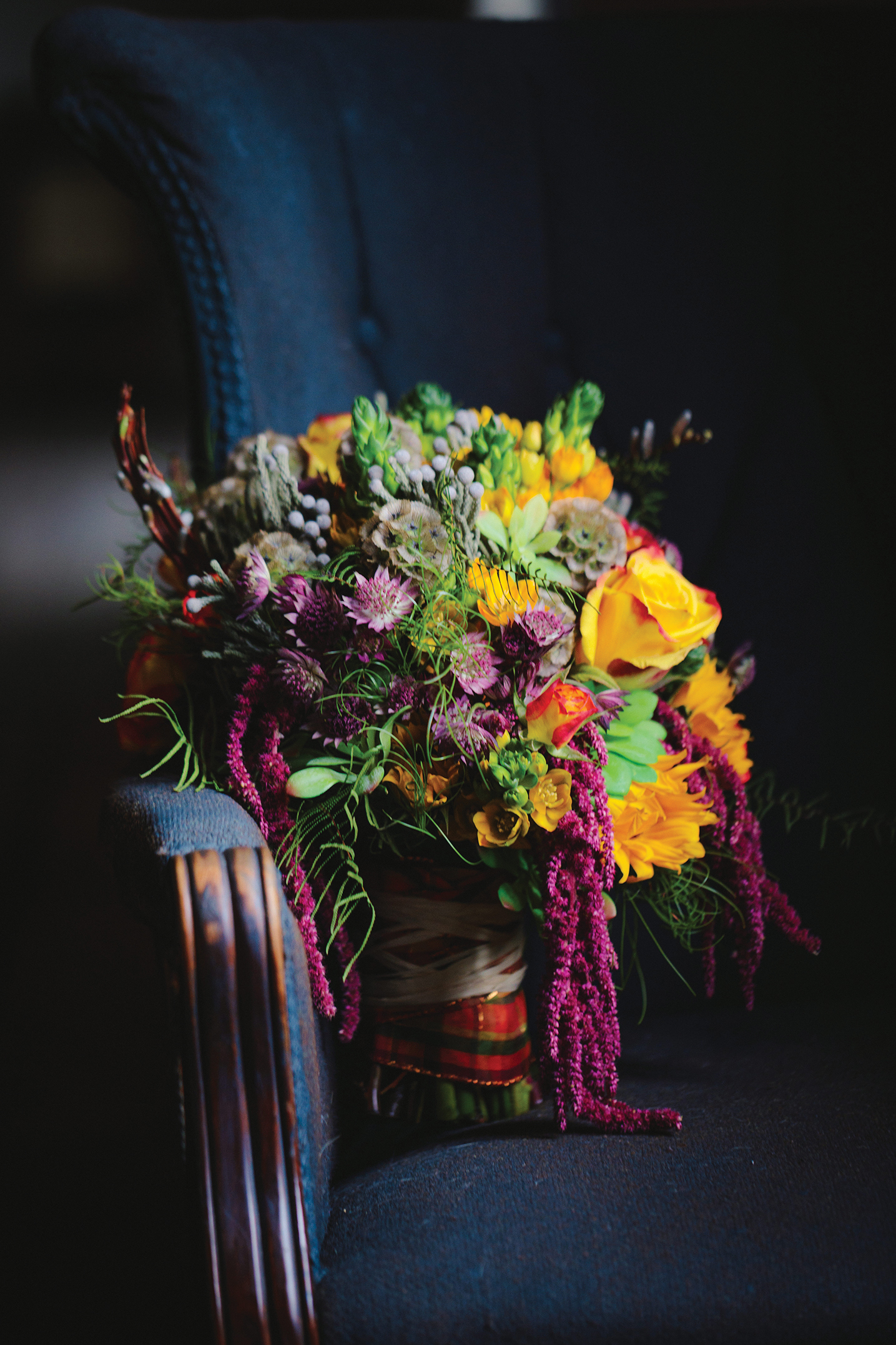 yellow purple wedding bouquet amaranthus