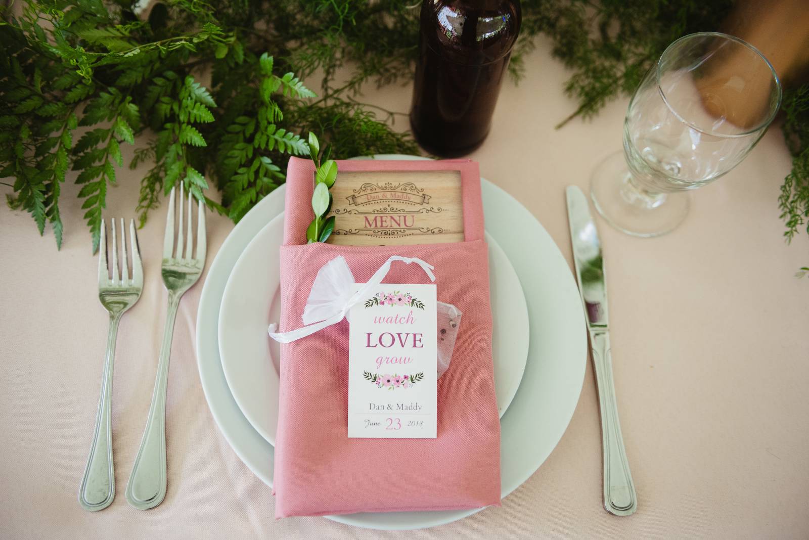 blush pink wedding tablescape setting napkin menu