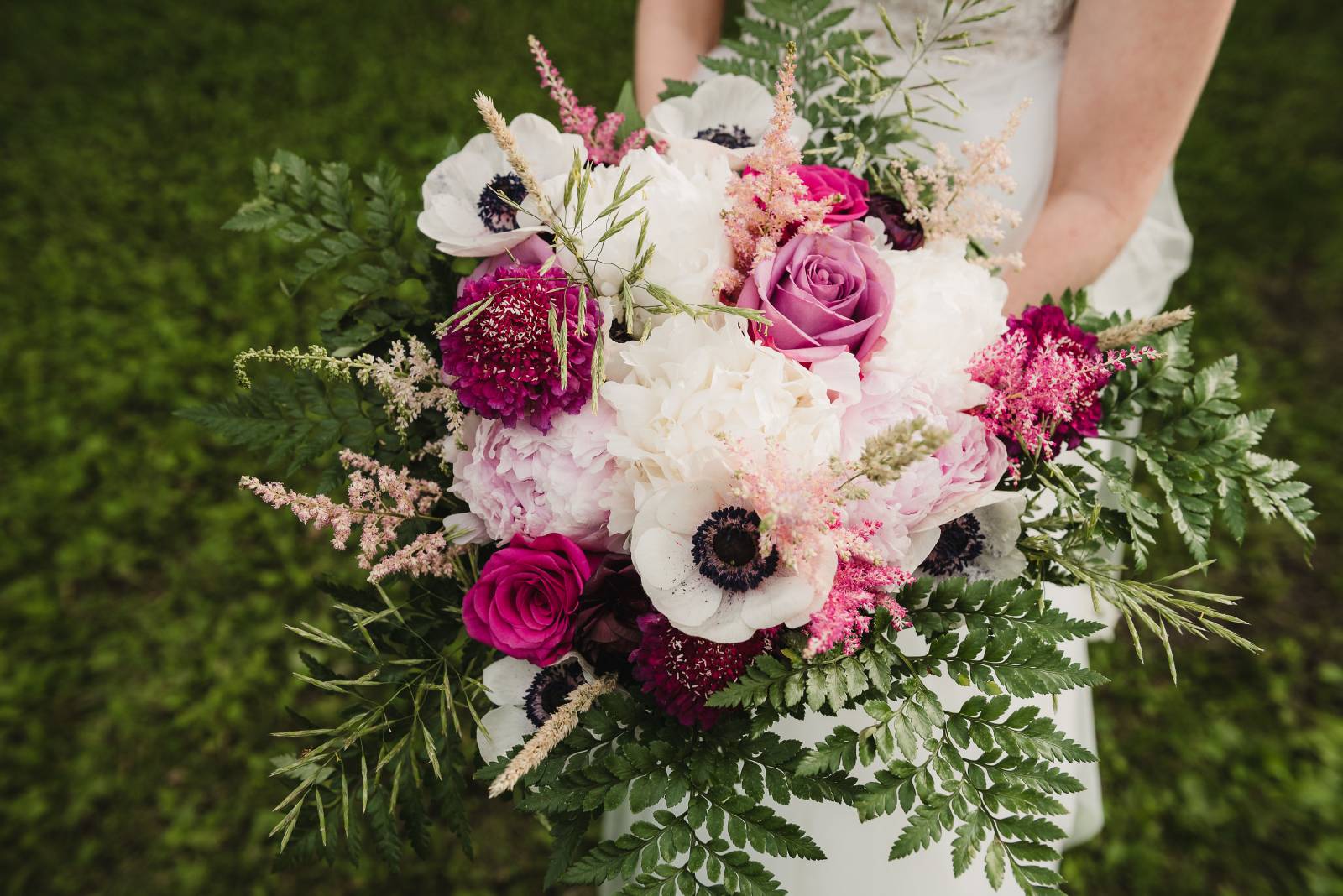 anenome fern pink wedding bouquet