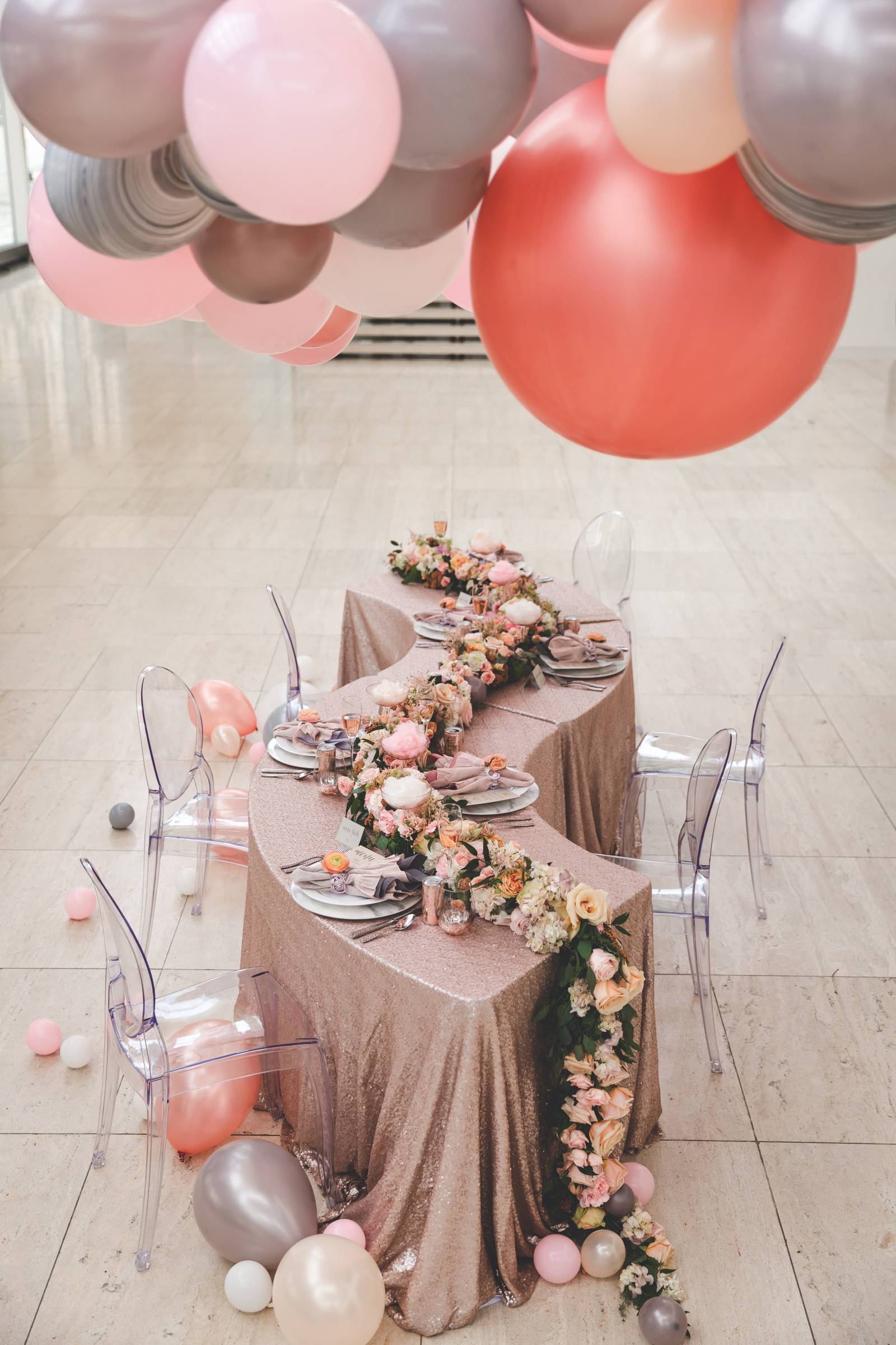 wedding balloons blush sequin wedding tablescape decor