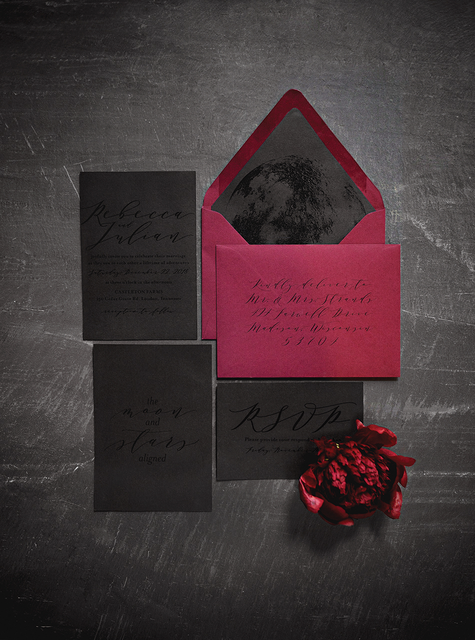 black maroon burgundy modern wedding invitation
