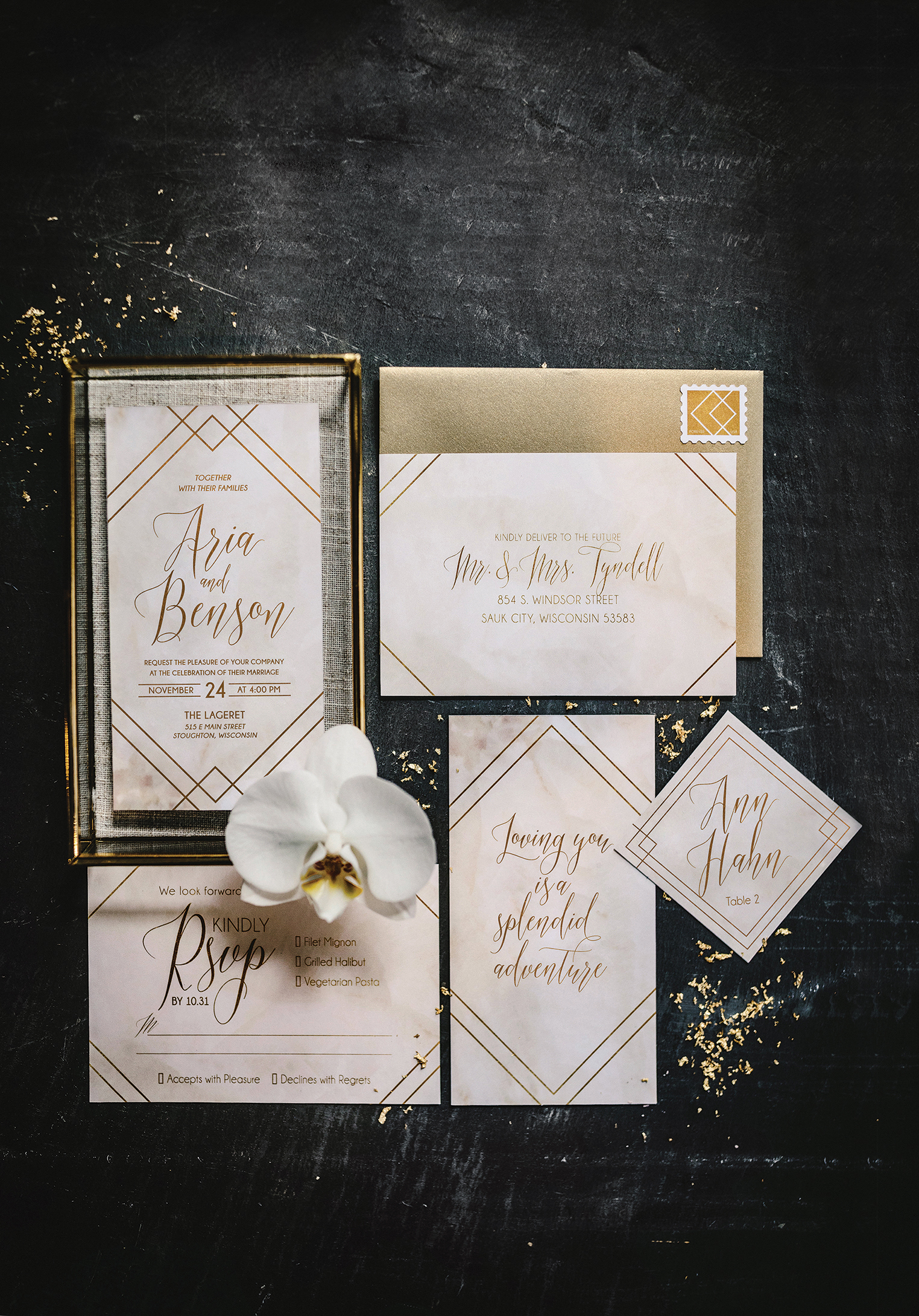 luxe luxury modern gold white madison wedding invitation