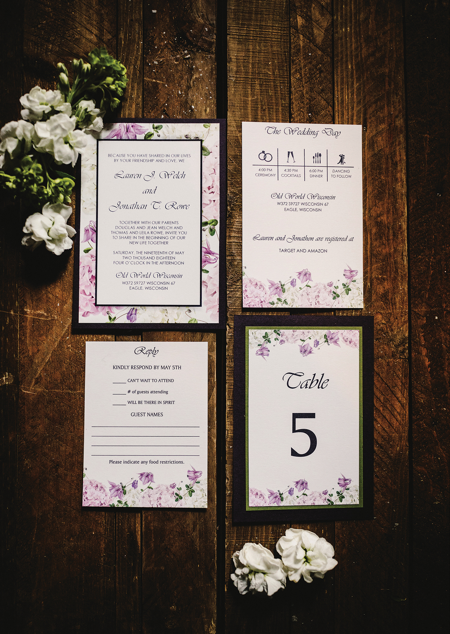 purple lilac floral wedding invitation