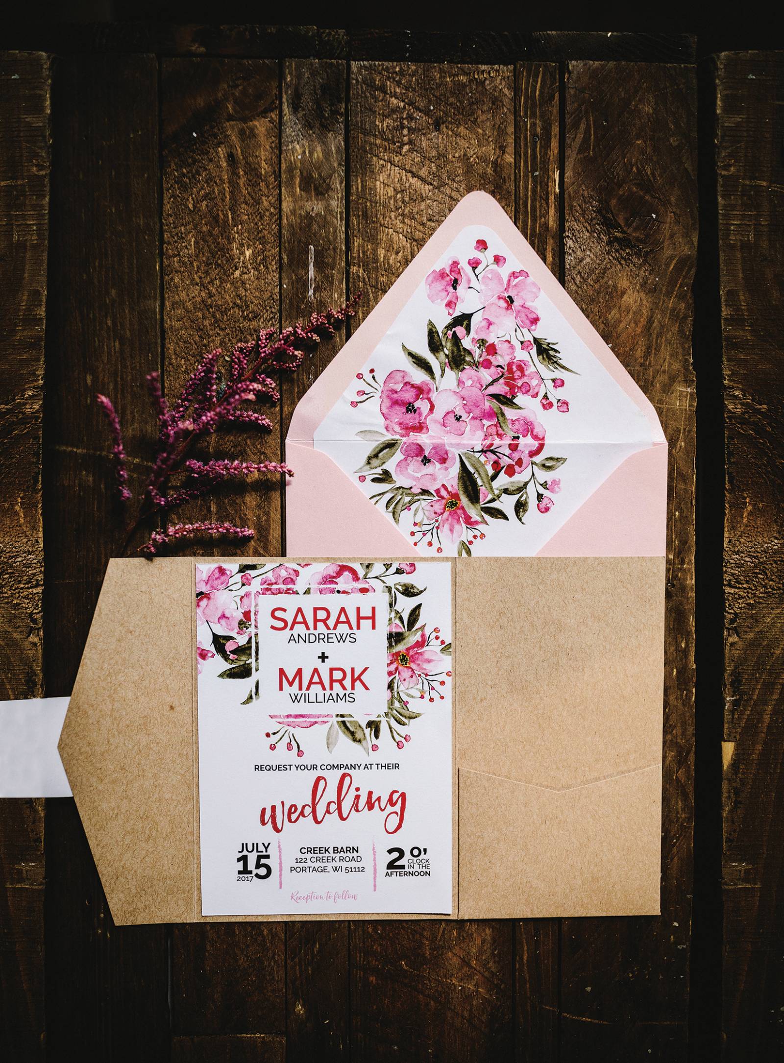pink floral watercolor wedding invitation