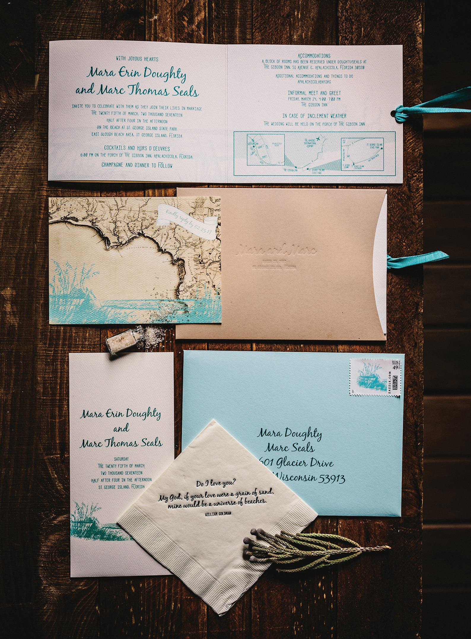 blue teal turquoise destination beach wedding invitation