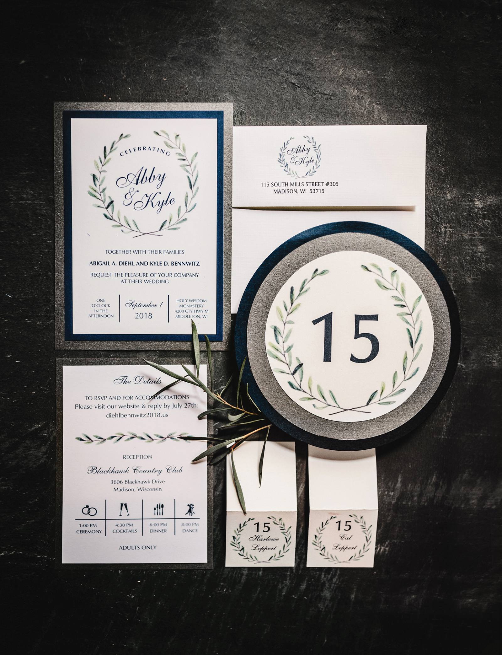 greenery grey gray navy blue wedding invitation