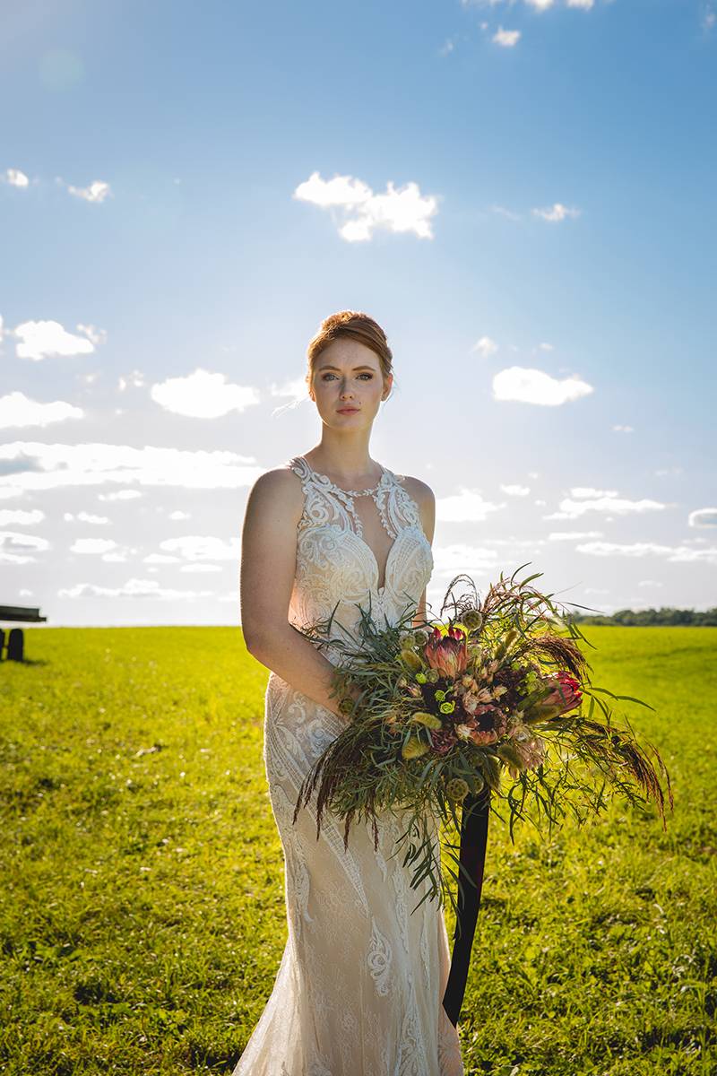 wedding gown, wedding bouquet